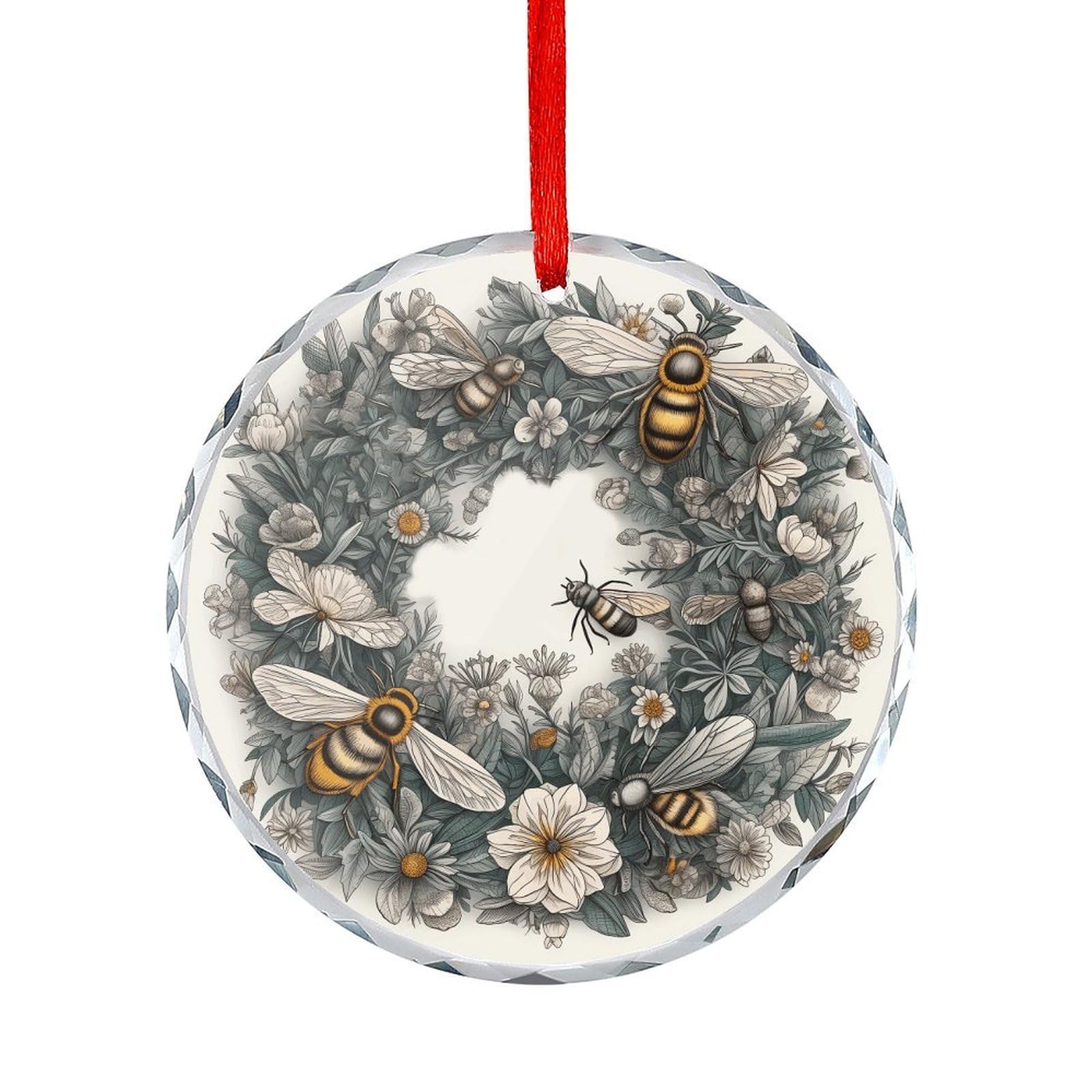 Btcowzrv Style Hand Drawn Wreath And Bee Round Ornament Hanging Pendant Decor