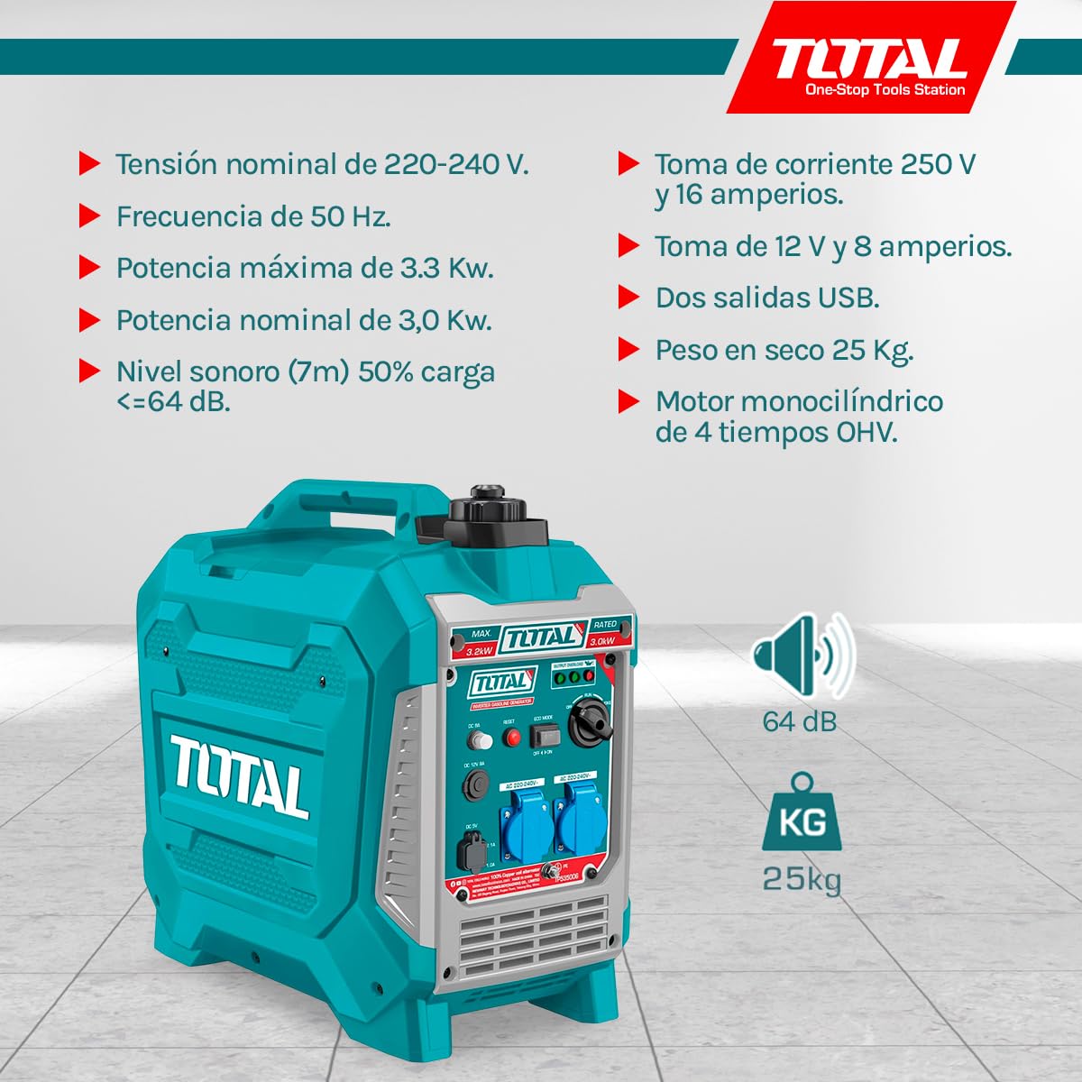 TOTAL - Generador Eléctrico a Gasolina - Insonorizado Inverter 3.3kW - Salidas USB y Toma 250V - Bajo Nivel Sonoro 64dB - Portátil 25kg, Verde, 55l x 55an cm, Plástico