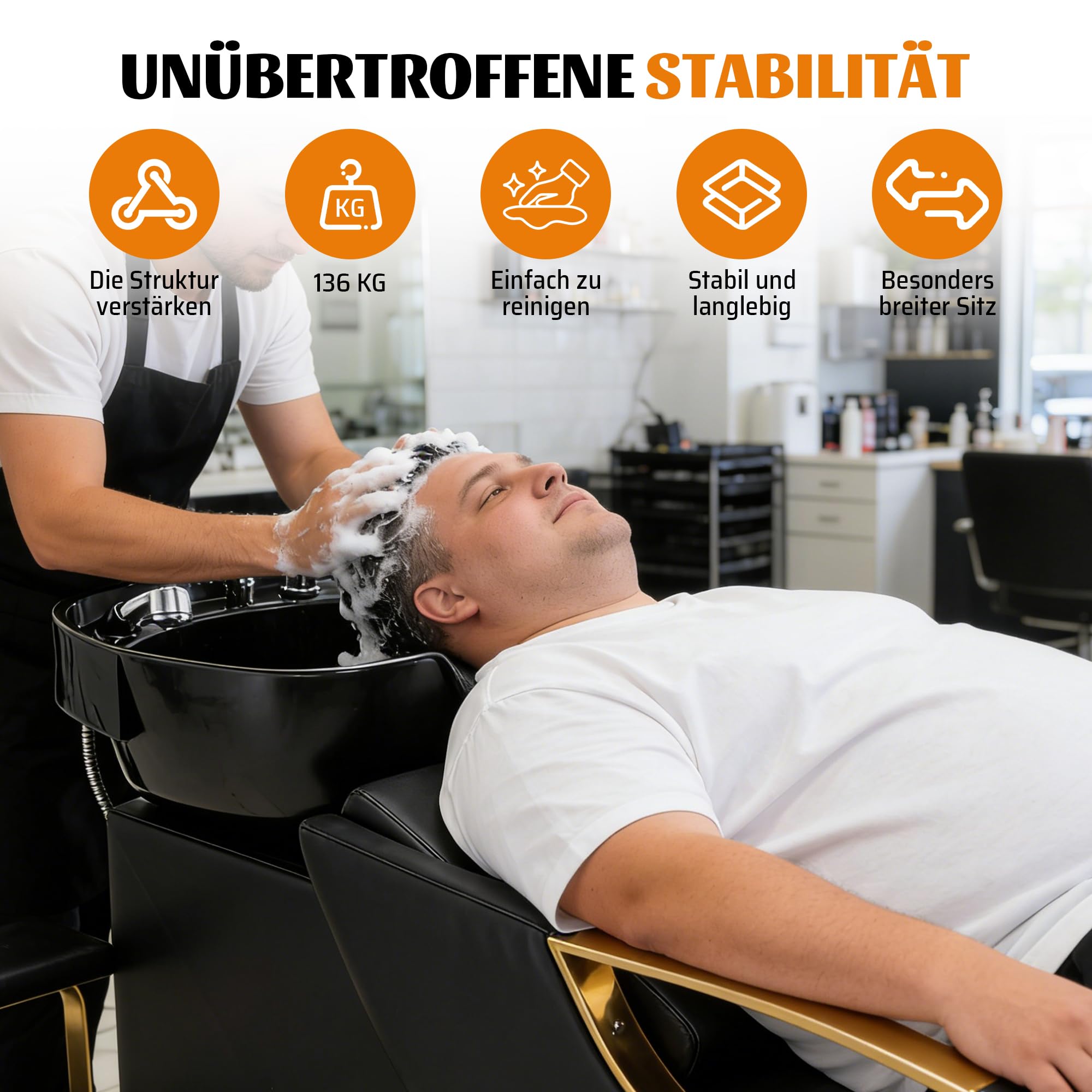 Professioneller Friseurwaschsessel mit Waschbecken, Beinstütze, Nackenstütze und Armlehnen, 136 kg Traglast, für Salon & Barbershop
