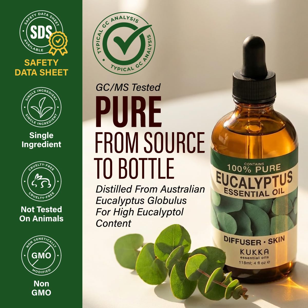 Kukka Huile essentielle d'eucalyptus pour diffuseur, 100% pure et naturelle. Idéale pour la peau, humidificateur, sinus, aromathérapie, cheveux, fabrication de savon, DIY (118 ml)