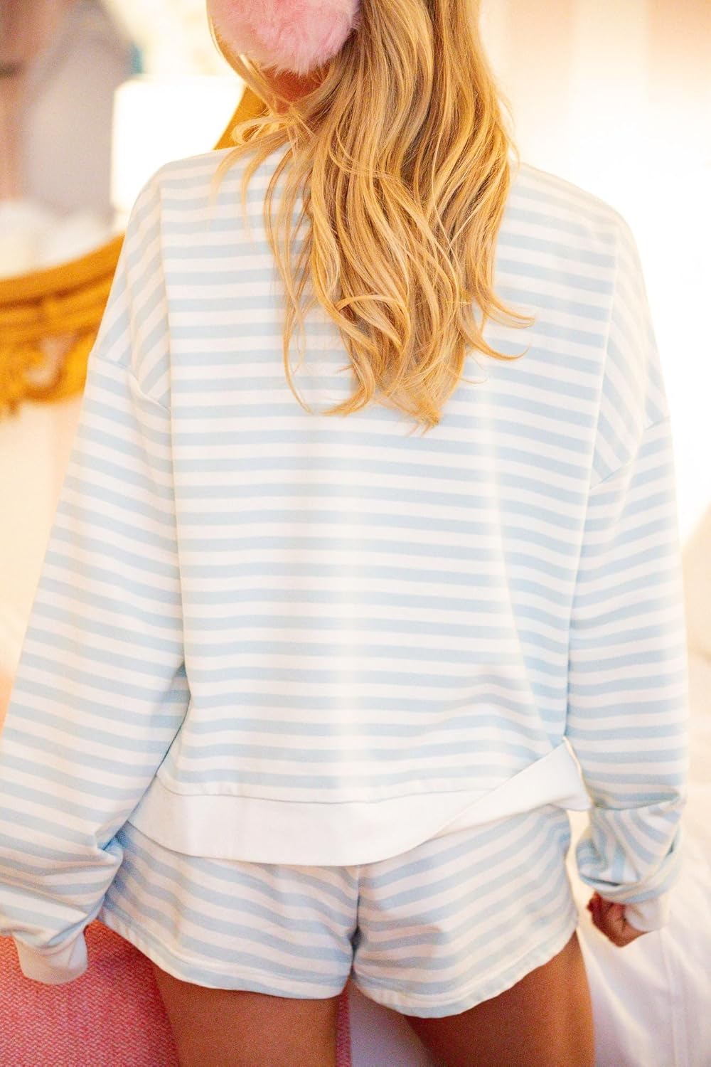 UAURORAO Women Striped Shorts Set Long Sleeve Button Down Cardigan Wide Leg Boxers 2 Piece Matching Outfits - Image 4