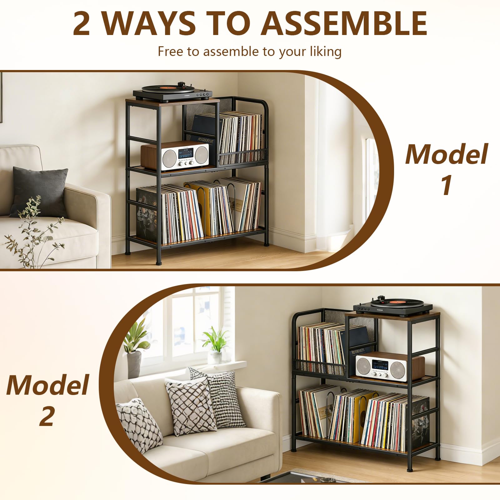 Support de tourne-disque à 3 niveaux - Peut contenir jusqu'à 150 albums - 72,9 x 76,7 x 30 cm - Rustique - Pour salon, chambre à coucher et magazines
