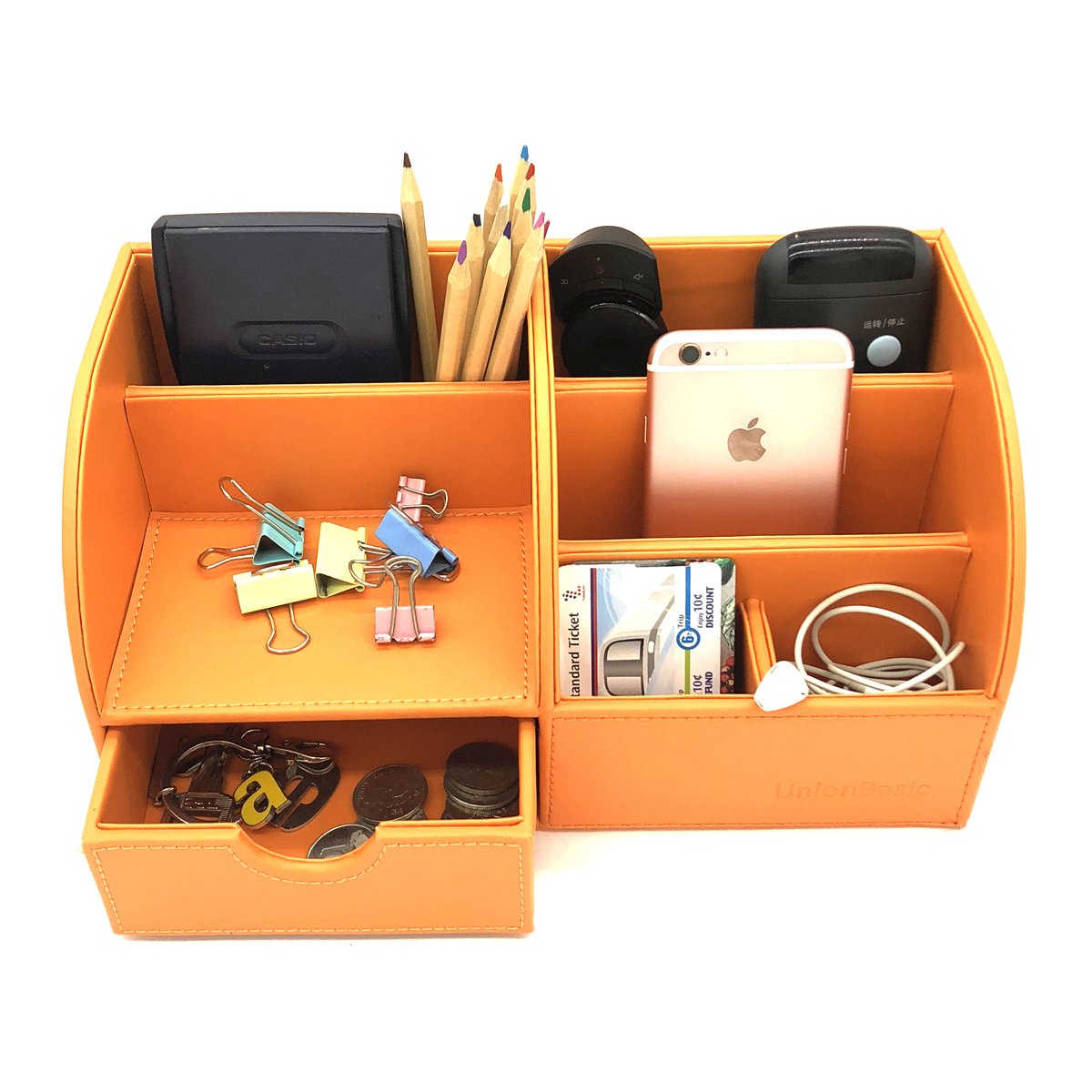 UnionBasic Desk Organizer, Multi-functional Leather Desktop Office Organizer, Pen Holder - Business Card/Pen/Pencil/Mobile Phone/Stationery Holder Storage Box, Mineral Yellow