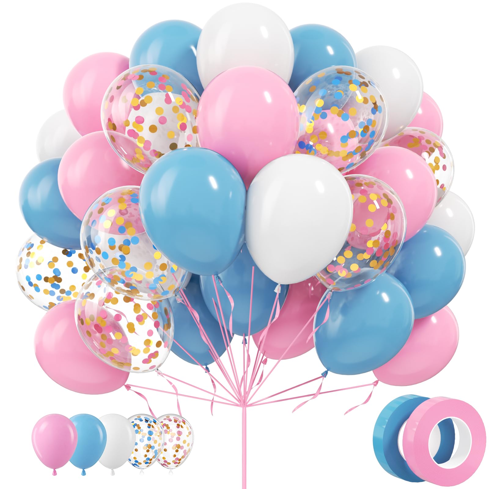 ADOINBY Pink Blue White Balloons, 70 Pcs 12 inch Pink Blue and White Balloons Confetti Latex Balloon with Ribbon for Gender Reveal Baby Shower