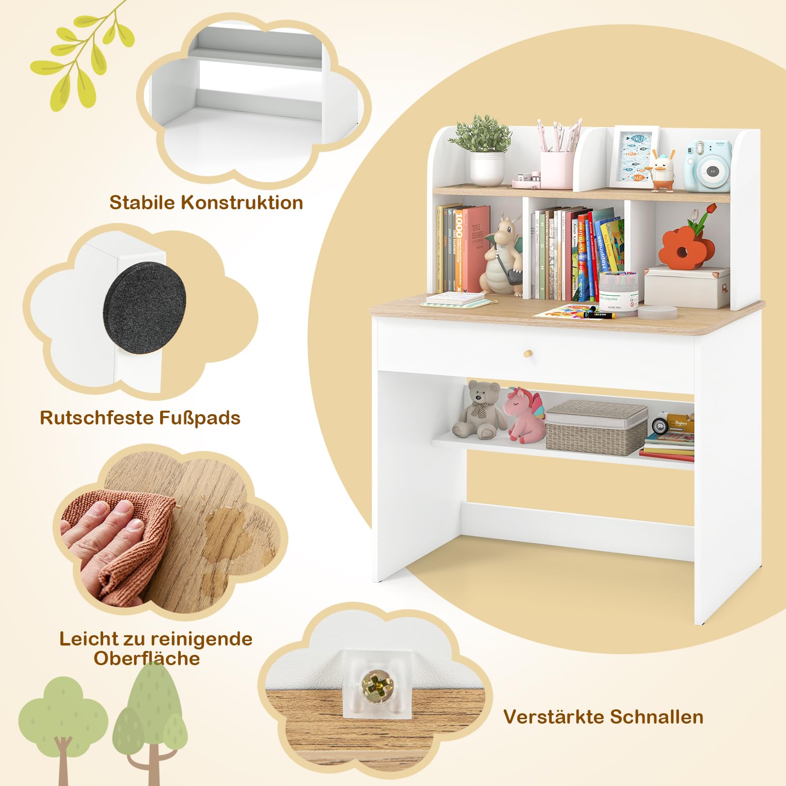 DREAMADE Schreibtisch Kinder aus Holz, Jugendschreibtisch mit Schublade & offener Ablagefächer & Regal, Schülerschreibtisch Kinderschreibtisch für Kinder ab 3 Jahren (Weiß+Natur)