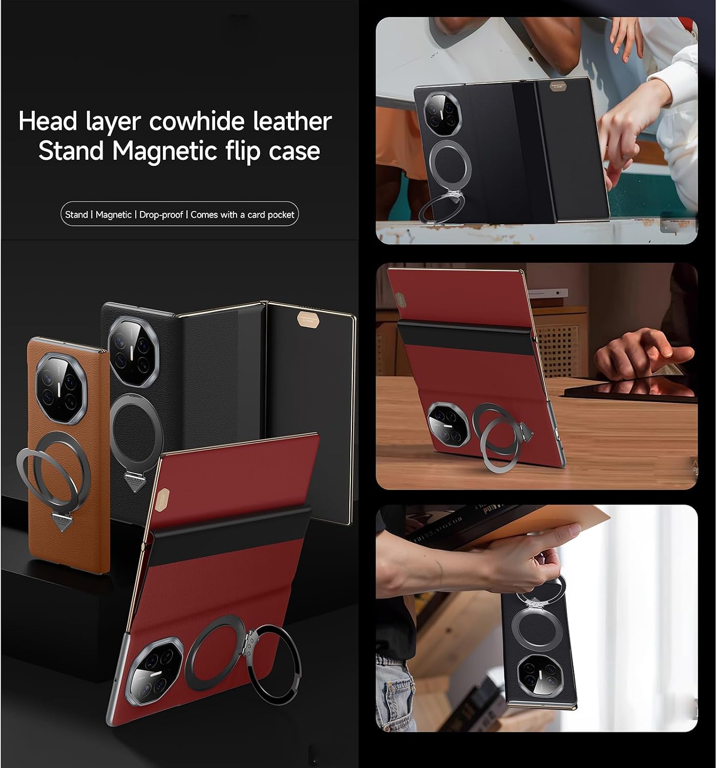 Compatible with Huawei Mate XT Case Smart Clear View Case[Compatible with Mag-Safe][with Adjustable Ring Stand] Slim Genuine Leather Wallet Flip Case Protective Shockproof for Women Men(Red)