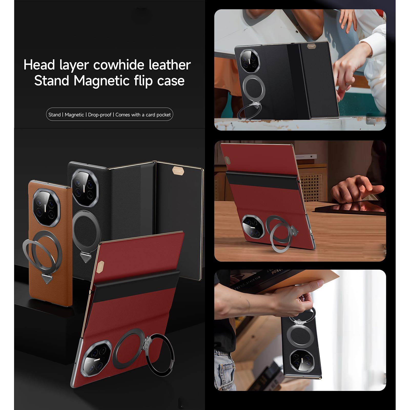 Kompatybilne z Huawei Mate XT etui Smart Clear View Case [kompatybilne z Mag-Safe] [z regulowanym stojakiem pierścieniowym] smukłe etui z prawdziwej skóry portfel z klapką, ochronne, odporne na