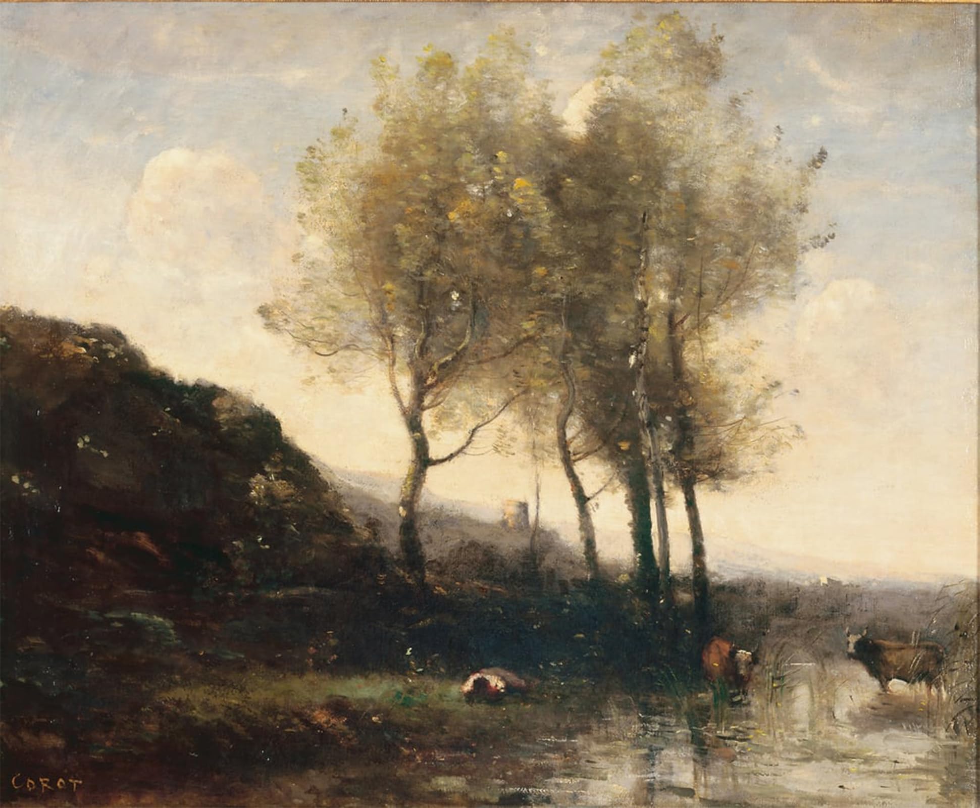 ARTXLXXBN Famous Painting Canvas Artwork Graffiti Print Cowherd Resting at the Foot of Cool by Jean Baptiste Camille Corot Portrait Canvas Image for Home Decor 60x90cm