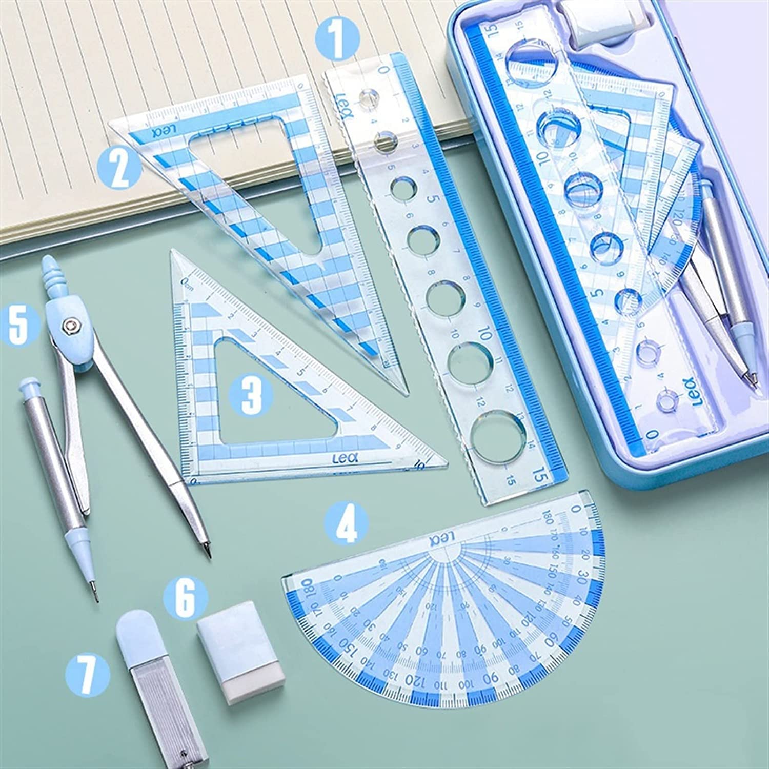 AKAZI Kompass-Set Multifunktionale Kompasse – Zirkel Lineale Radiergummi Mathe-Set Schule Zeichenwerkzeug-Set for Studenten Büromaterial (7PCS) Geometrie-Set (Color : Blue)
