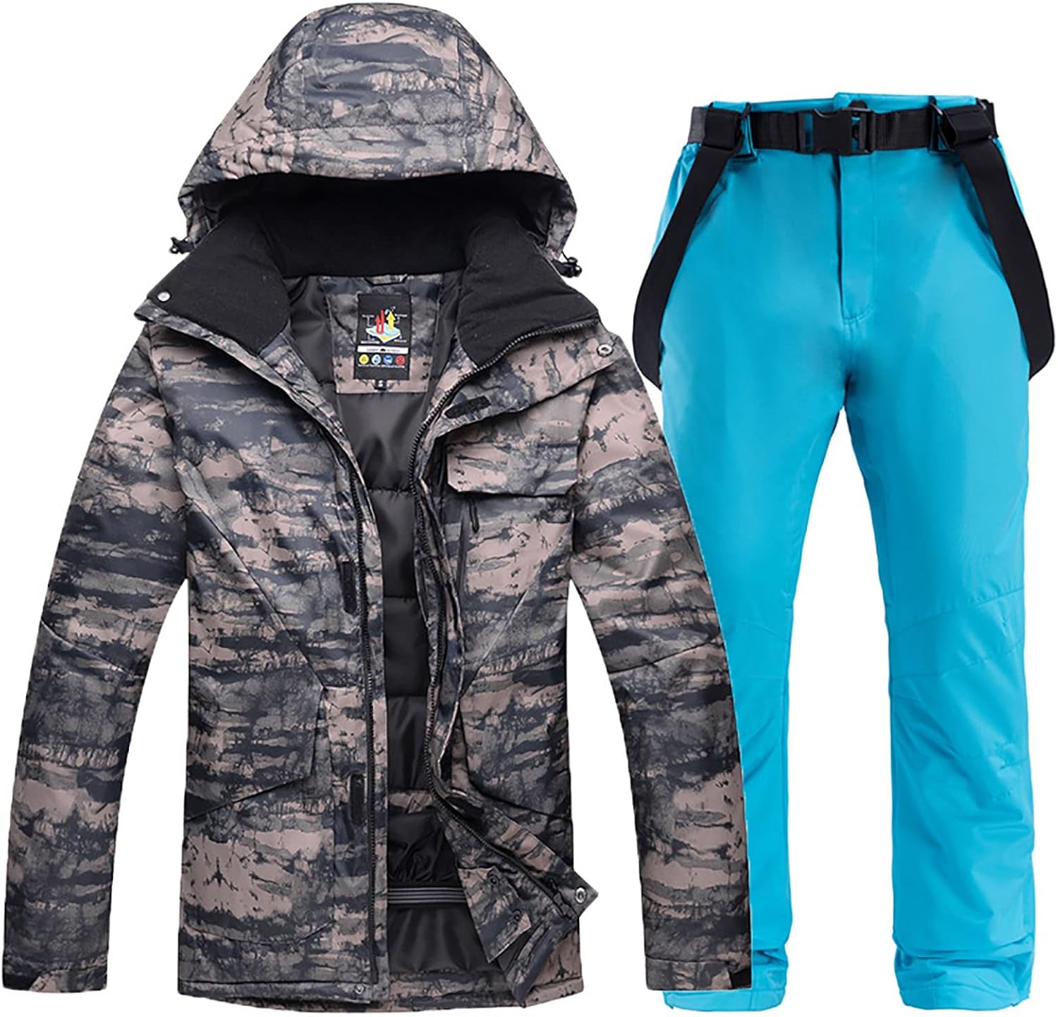 Men's Ski Suit Hooded Raincoat Rock Pattern Snowboard Jackets & Pants Waterproof Windproof Snowsuit