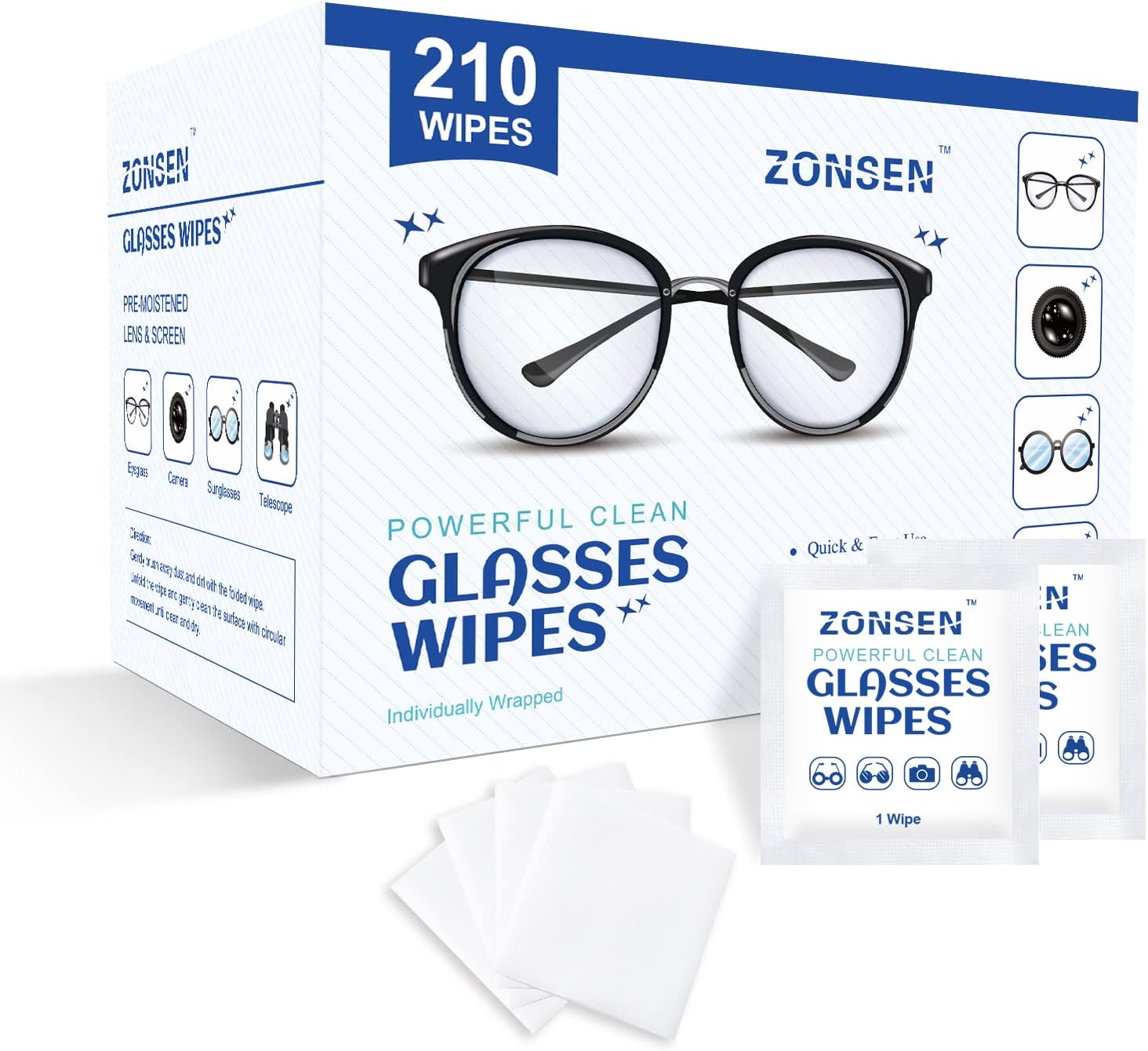 PreMoistened Lens Wipes, ZONSEN Glasses Cleaning Wipes Individually