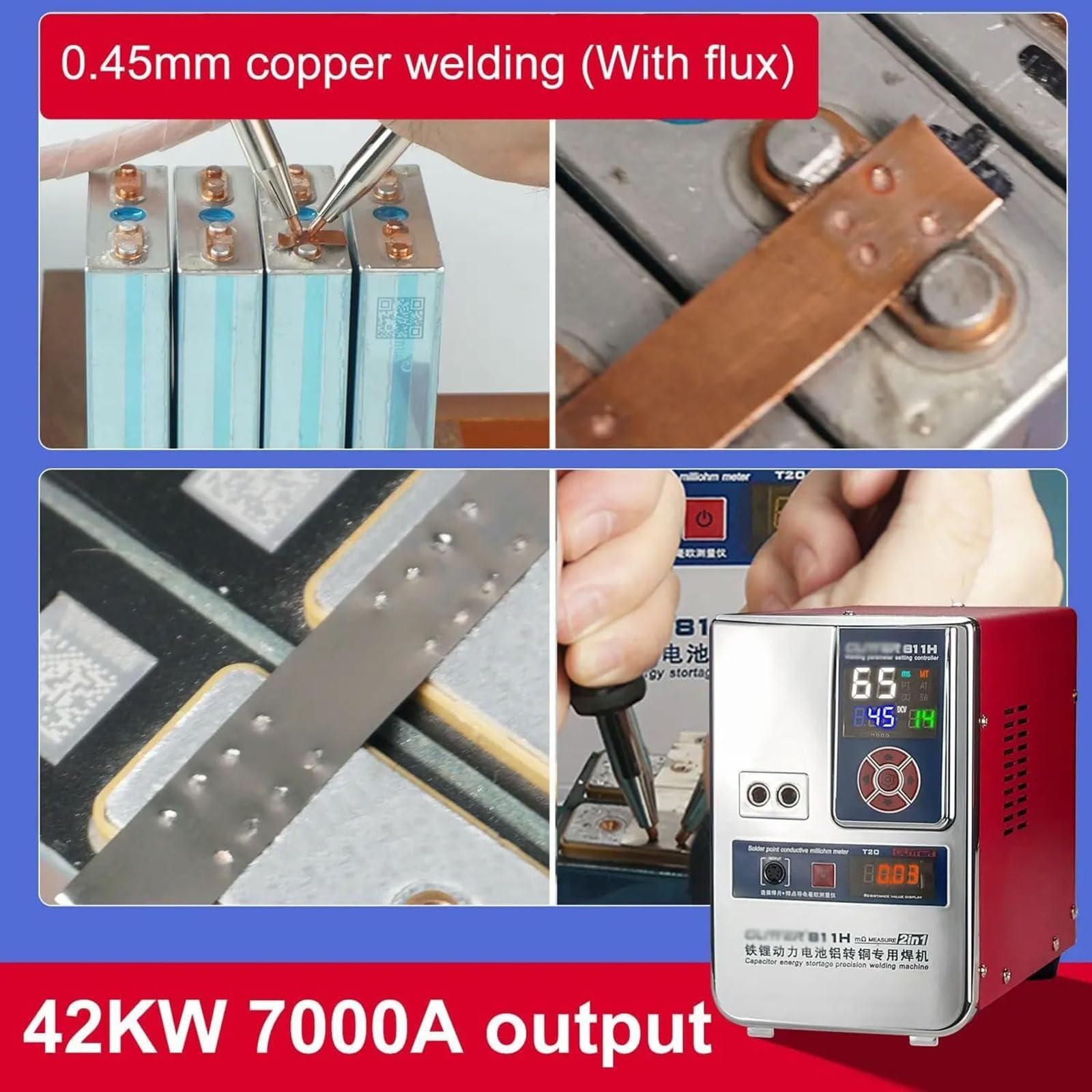 Zgrzewarka punktowa akumulatorowa 42KW, przenośna zgrzewarka punktowa kondensatorowa 0,45 mm z piórem do zgrzewania punktowego i piórem pomiarowym, mini przenośny sprzęt do zgrzewania punktowego