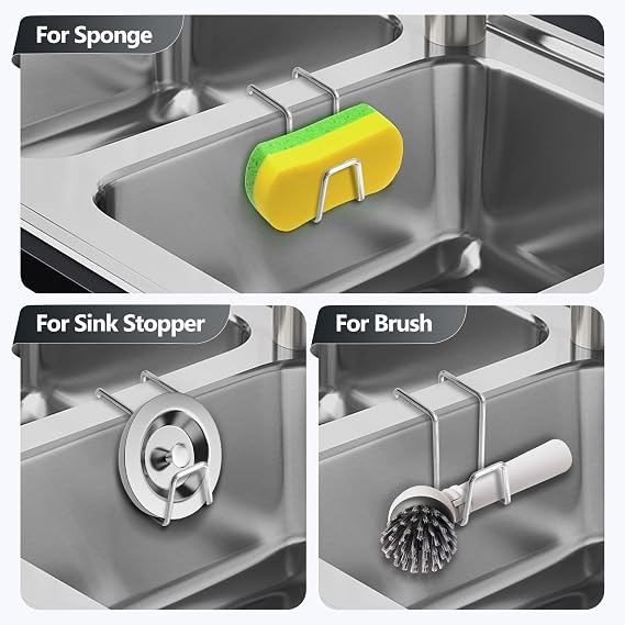2 Pack Sponge Holder for Kitchen Sink - Movable Hanging Sponge Caddy Organizer, Stainless Steel Caddy in Over Double Bowl Sink for Brush, Stopper - Silver