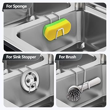 2 Pack Sponge Holder for Kitchen Sink - Movable Hanging Sponge Caddy Organizer, Stainless Steel Caddy in Over Double Bowl Sink for Brush, Stopper - Silver