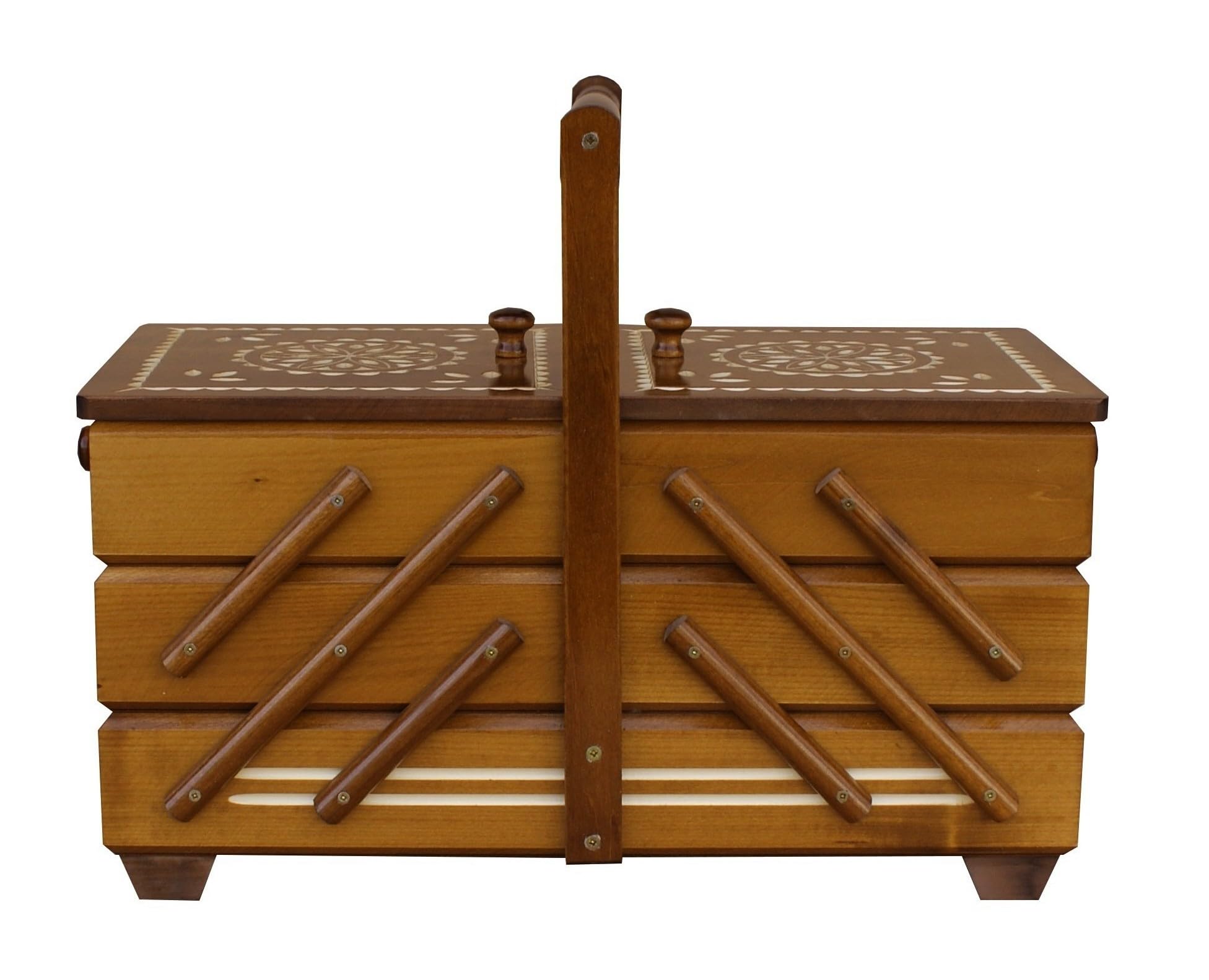 Nähkästchen Holz | Nähkasten groß | Nähkoffer mit 7 Fächern | ausziehbarer Organizer | Schmuckschatulle | dekorativer Knopfdose aus Holz | 32,5 x 40 x 22,5 cm | Farbe: Rustikale Eiche