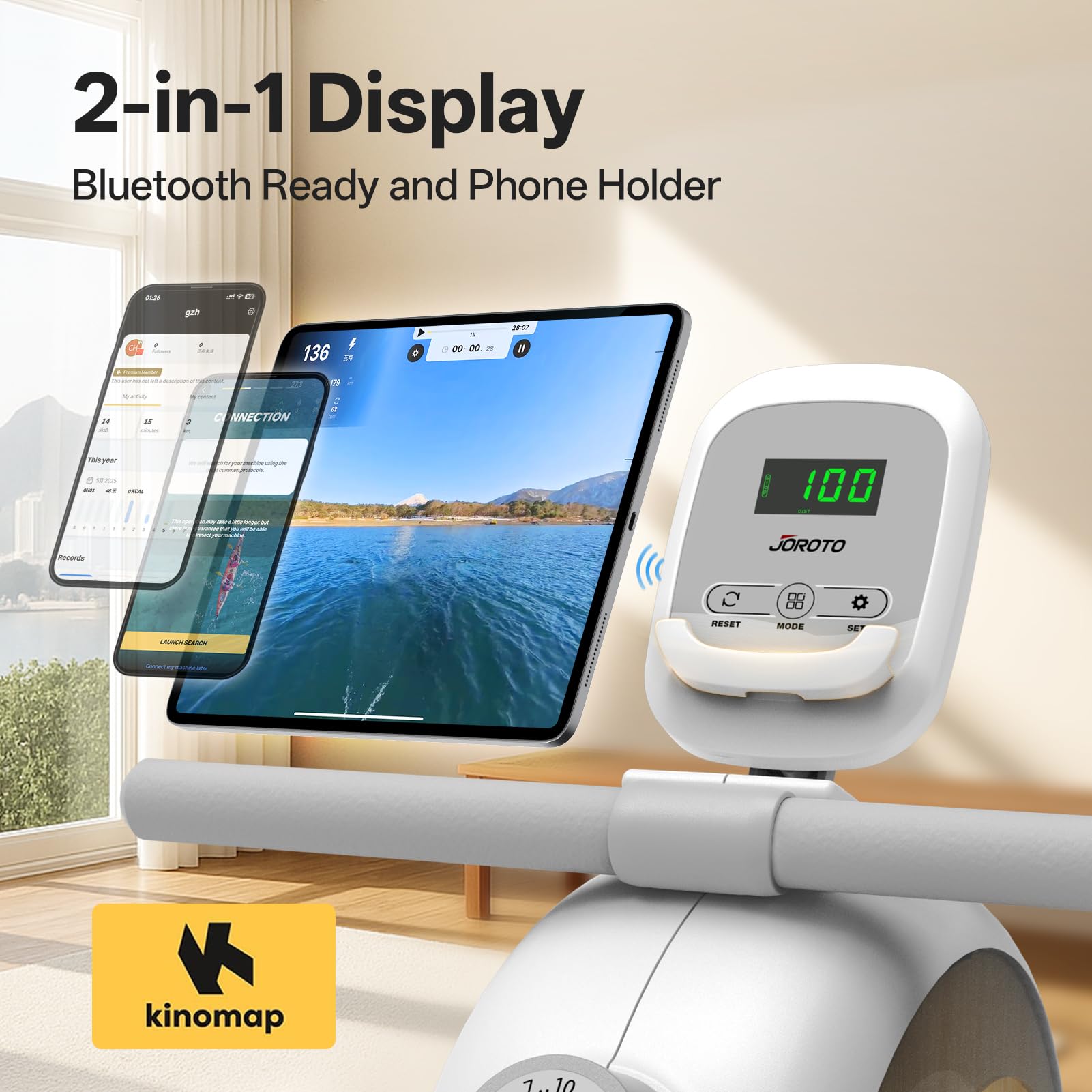 JOROTO Vogatore Domestico, 16 Livelli di Resistenza, Vogatore Magnetico con Controllo APP, Display LCD con Supporto per Telefono Cellulare, Ideale per L'attrezzatura da Palestra per la Casa