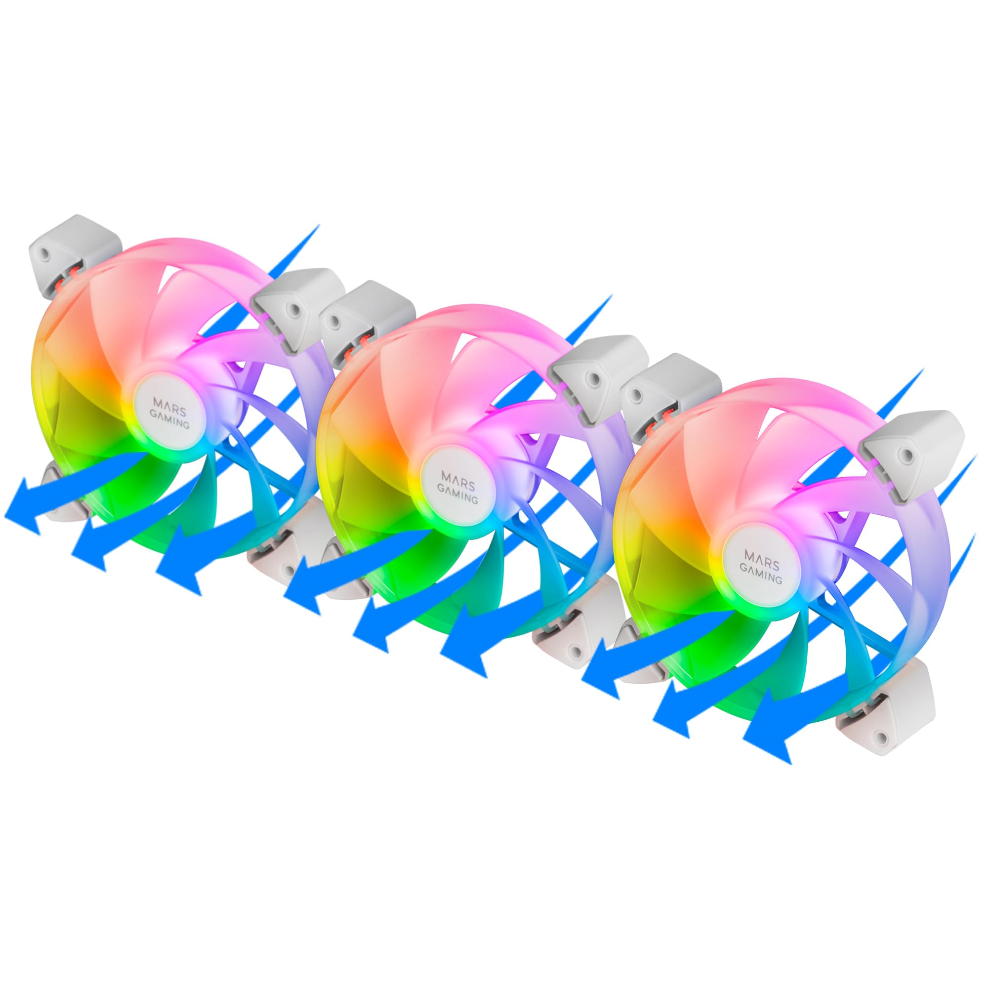 Mars Gaming MF-3AR, Kit 3x Ventiladores 120mm FDB, Aspas Invertidas, Iluminación ARGB 360° Sin Marco, Iluminación Anillo Completa, Ventiladores PC con Compatibilidad Total ARGB, Doble Conector, Blanco