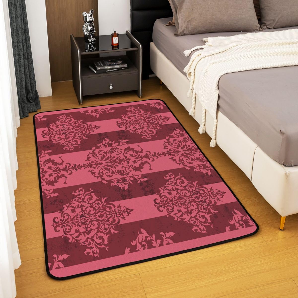 Loussiesd Tapis Salon 100x150cm Gothique Damask Tapis Chambre Exterieur Intérieur Rouge Striped Vintage Floral Modèle Antidérapant,Doux Victorian Baroque pour Salon et Chambre Jacquard Lavable