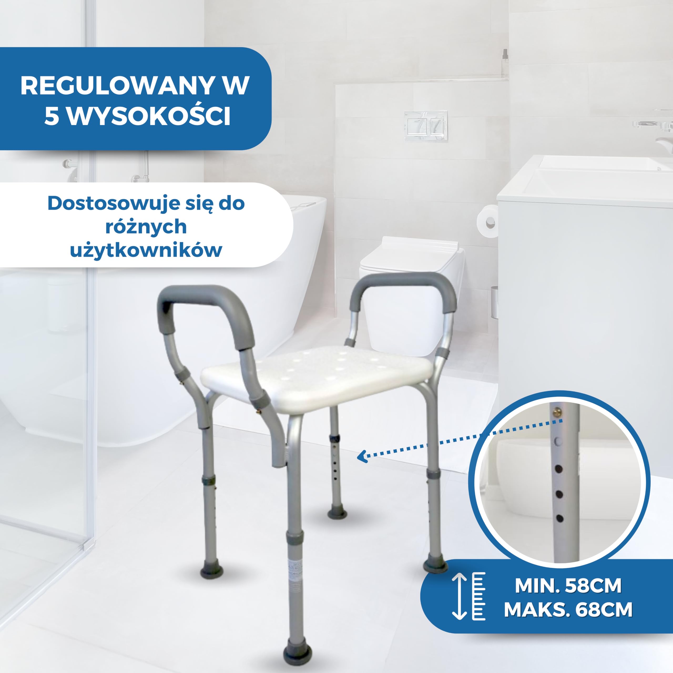 Mobiclinic stołek kąpielowy z regulacją wysokości, Wygodne wyściełane podłokietniki, Antypoślizgowe okucia, Model: acueducto