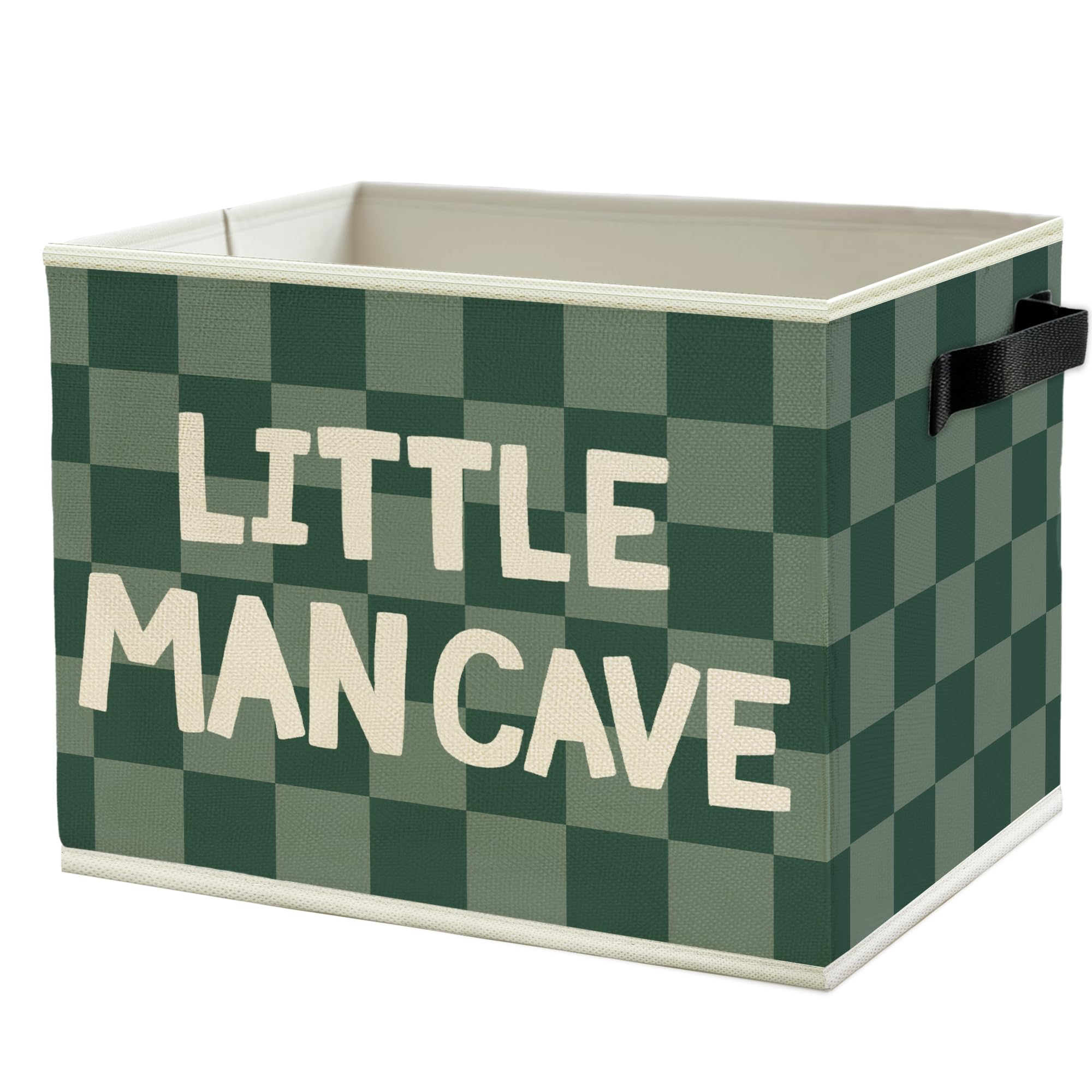 Little Man Cave Boys Storage Bins Box with Handles, Green Checkered Pattern Collapsible Basket Organizer for Kids Boys Playroom Nursery Room Bedroom Bathroom Books Clothes