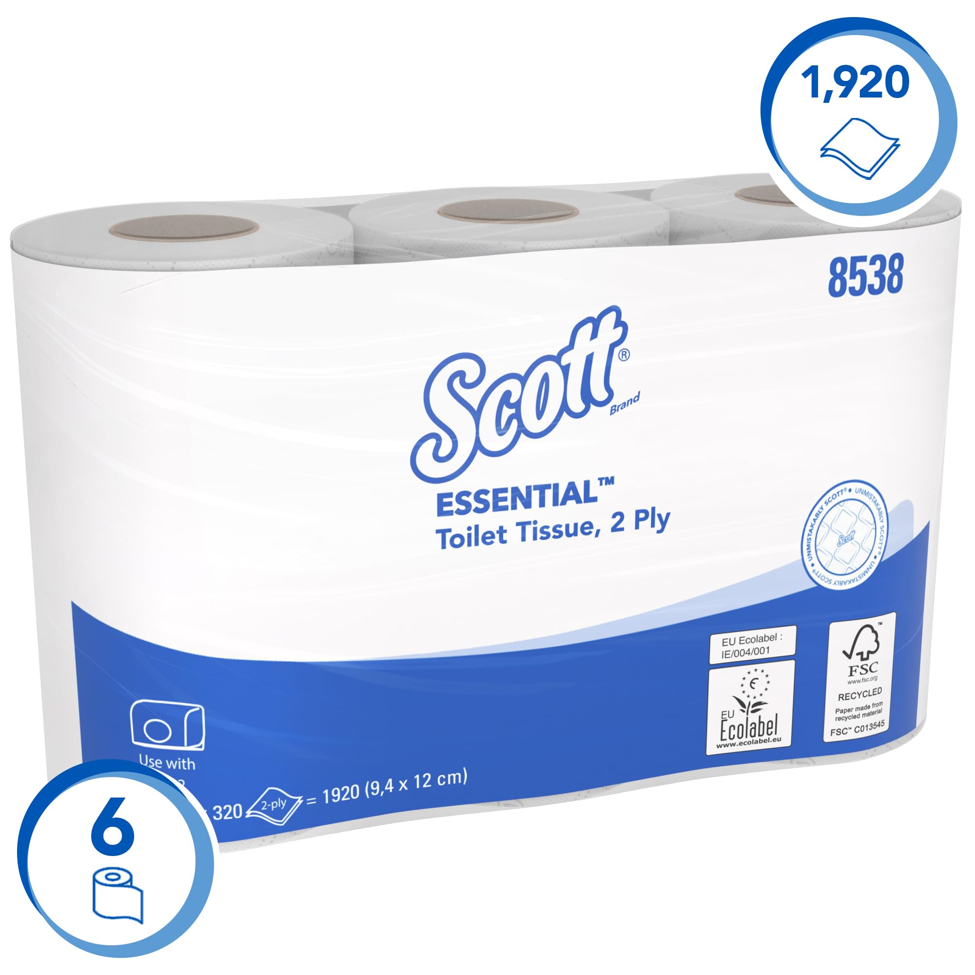 Scott Essential Toilettenpapier Standardgröße 8538, 2-lagiges Klopapier, weißes FSC-zertifiziertes WC-Papier, Standardgröße, 36 Rollen x 320 Blatt, (insg. 11.520 Blätter)