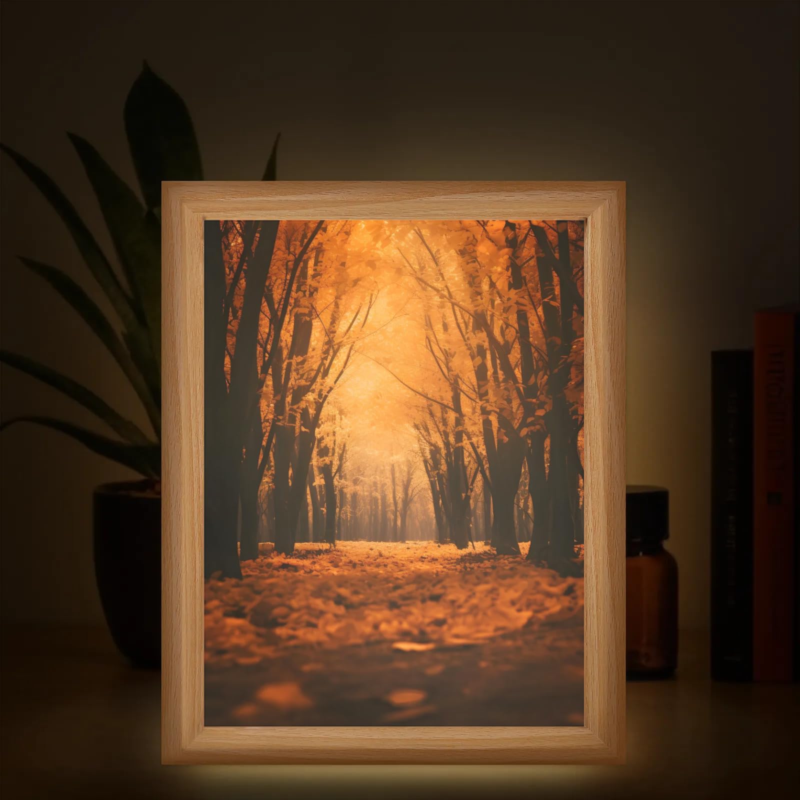 Light Up Painting, Sunset Forest Wall Art Picture Light Autumn Forest Light Up Desktop Art Frame, 10 Brightness USB Powered 3 Lighting Modes, Anxiety Relief Gift for Bedroom Home-Without Acrylic Panel