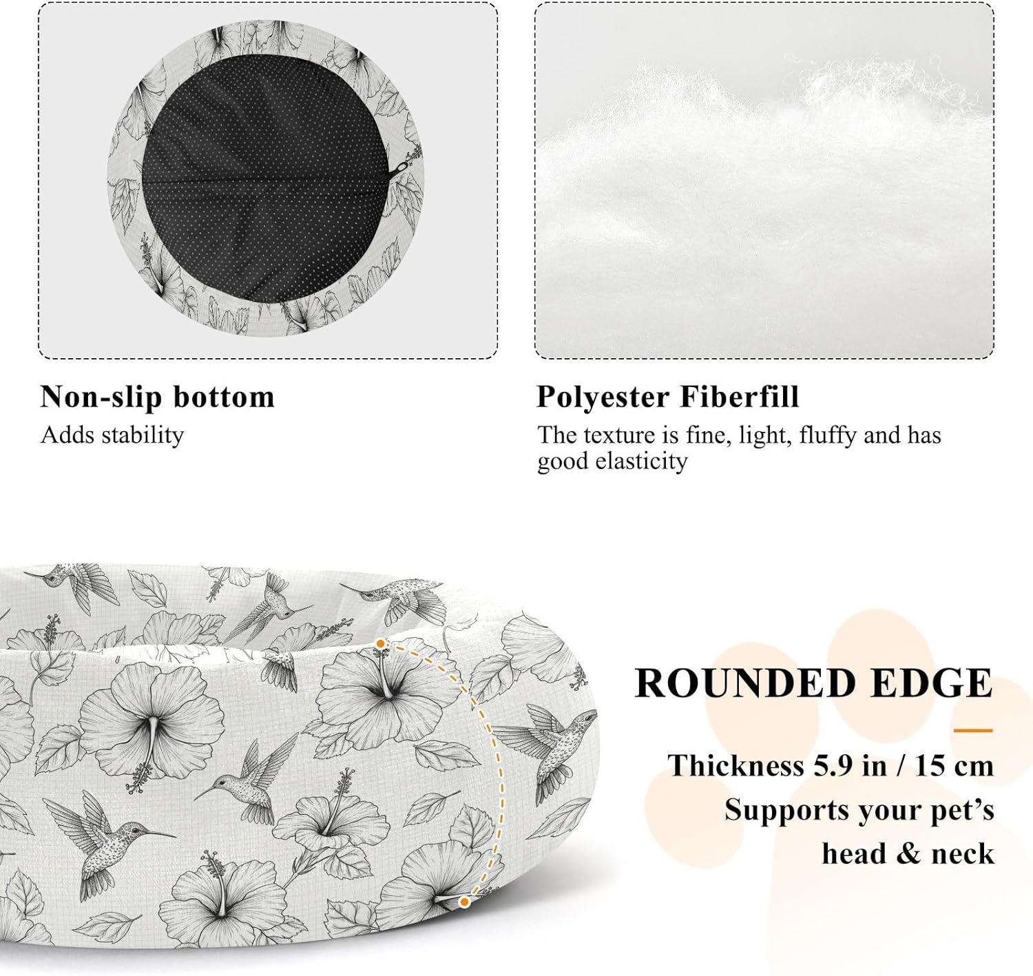 Flower Birds White Pattern Dog Bed Donut Small Dog Beds Washable Cat Pet Bed Cozy Puppy Beds for Winter Indoor Pets Sleeping,M
