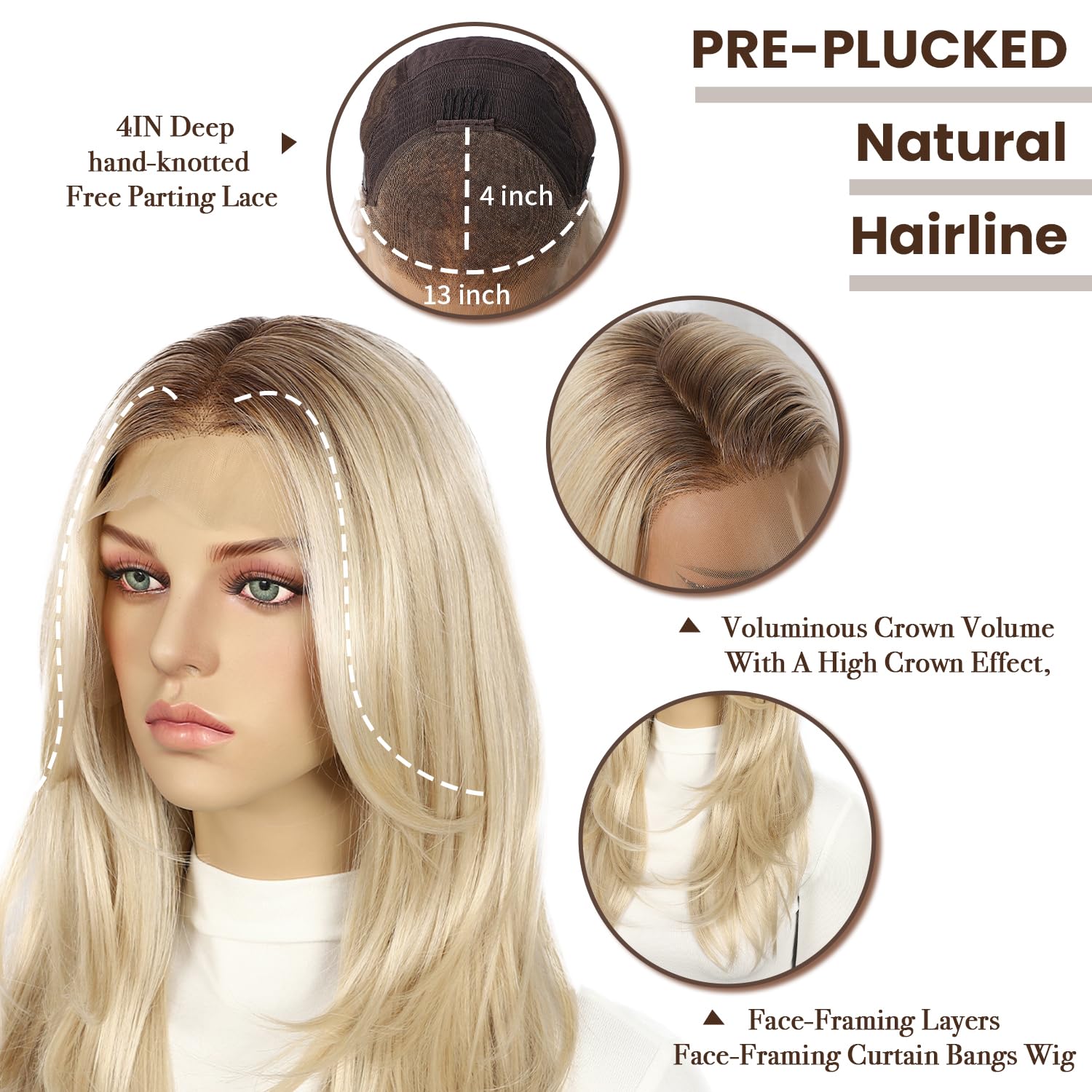 Blonde Synthetic Lace Front Wig, 13x4 Wavy Layered Wigs for Women Pre-plucked Natural Hairline Heat Resistant Hair with Dark Roots 18 Inch Daily Party Use