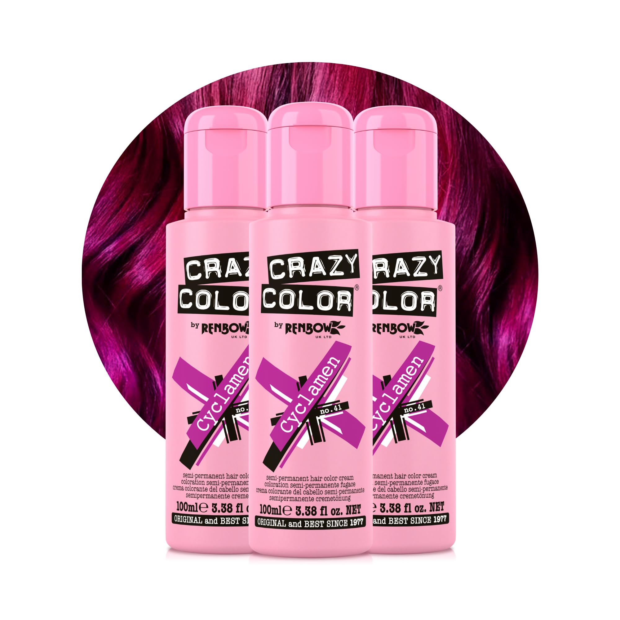 Crazy Color Vibrant Cyclamen Semi-Permanent Trio Hair Dye. Highly Pigmented Cerise Conditioning & Oil Nourishing Vegan Formula | No Bleach or Ammonia | 300ml