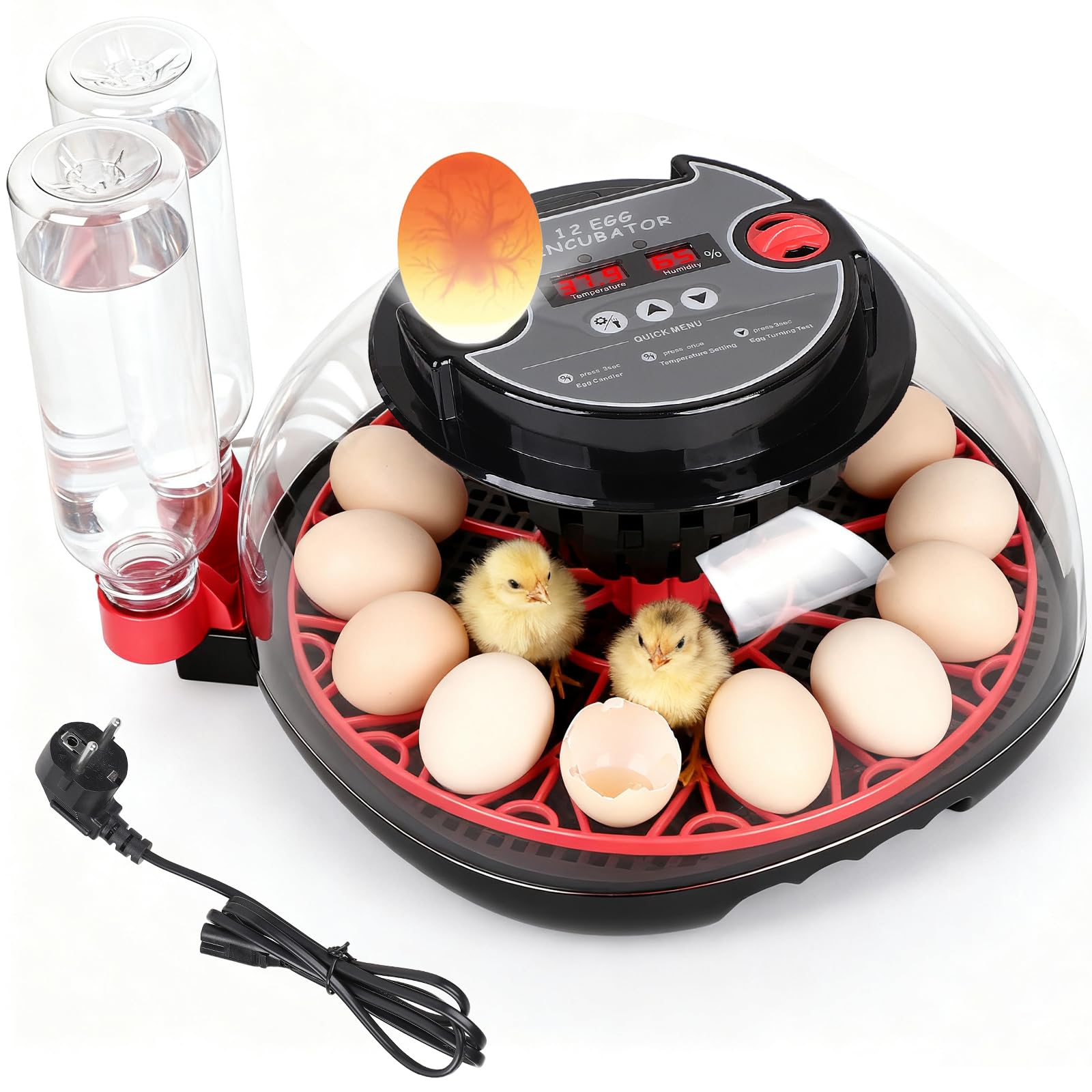 EFUTURETIME Incubadora Automática para Huevos de Gallina, Incubadora con Temperatura y Humedad Ajustables para 12 Huevos, con Volteo Automático, Luz de Inspección