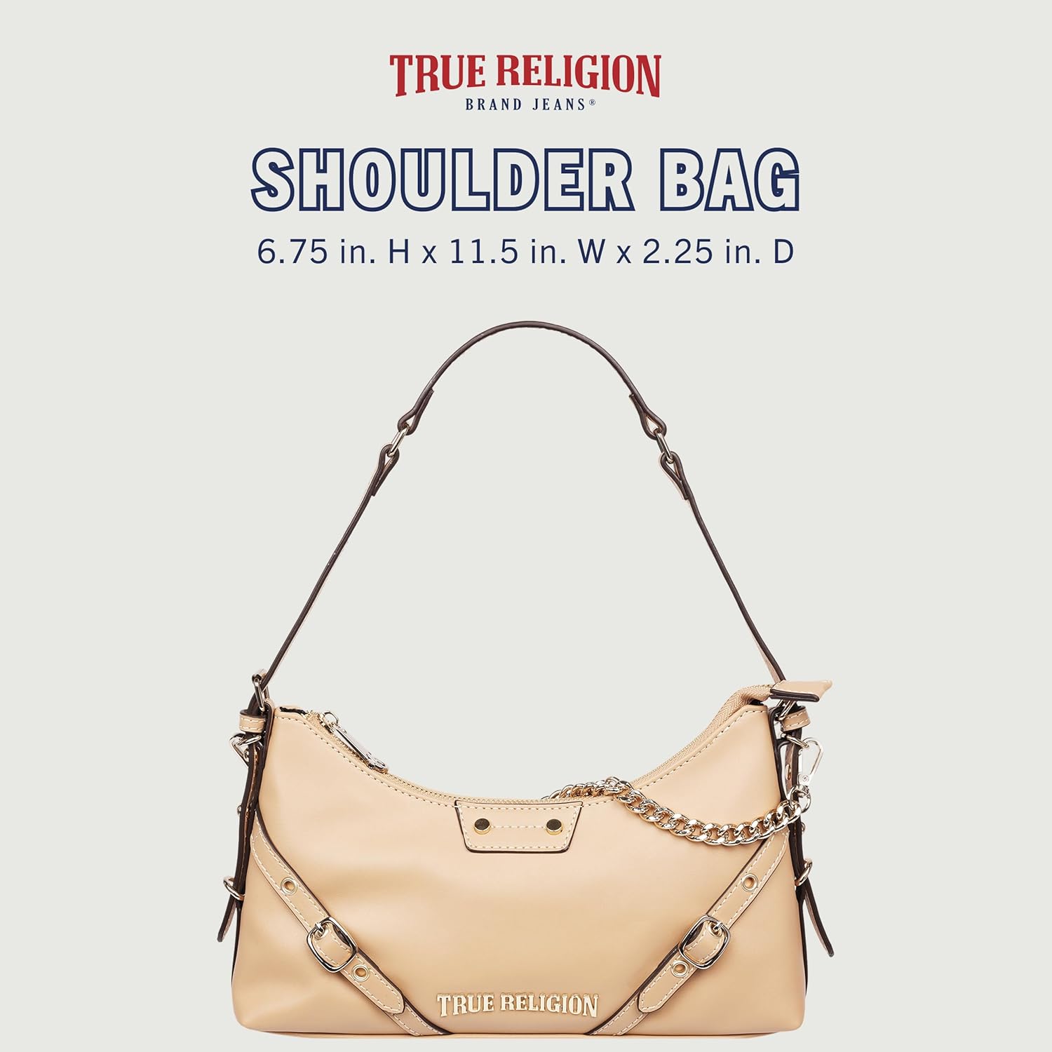 True Religion Shoulder Bag, Smooth Belted Purse with Chain Handle, Adjustable Strap and Gold Hardware - Image 2