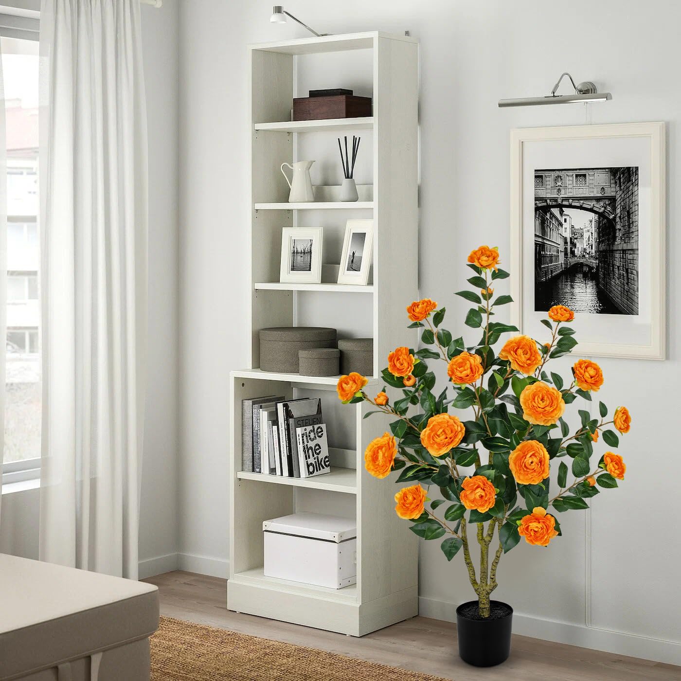 Árbol de camelia artificial de 90 cm, árbol de arte con flores, árbol de camelia artificial naranja, árbol decorativo, plantas artificiales como de verdad en maceta, decoración de primavera