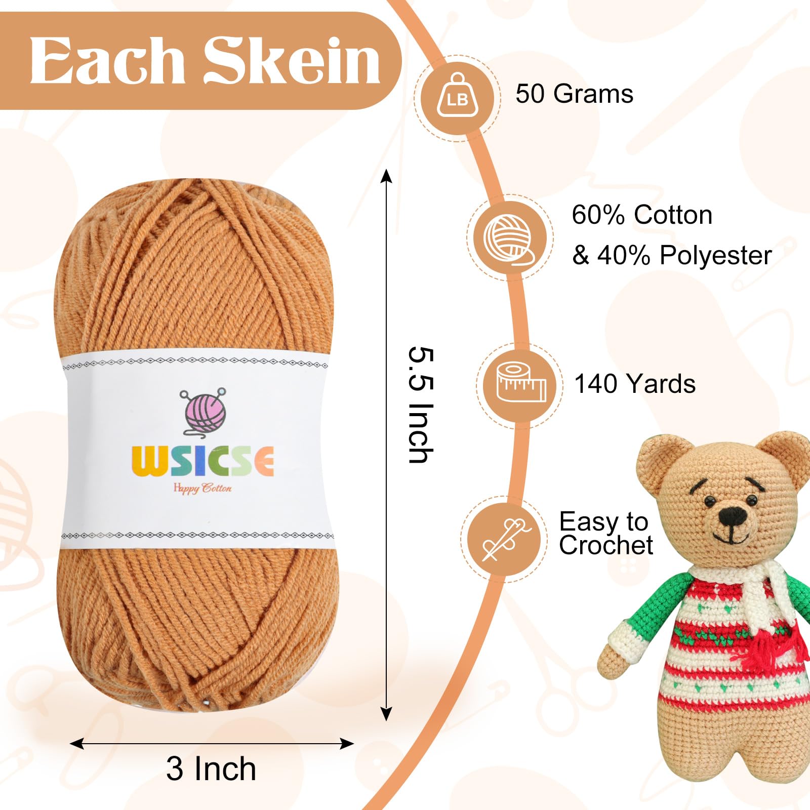 4 PCS Crochet Yarn, 560 Yard Soft Yarn for Crocheting Assorted Colors Fluffy Yarn for Crochet Hand Knitting Gifts 1 Skein/140 Yard-Brown