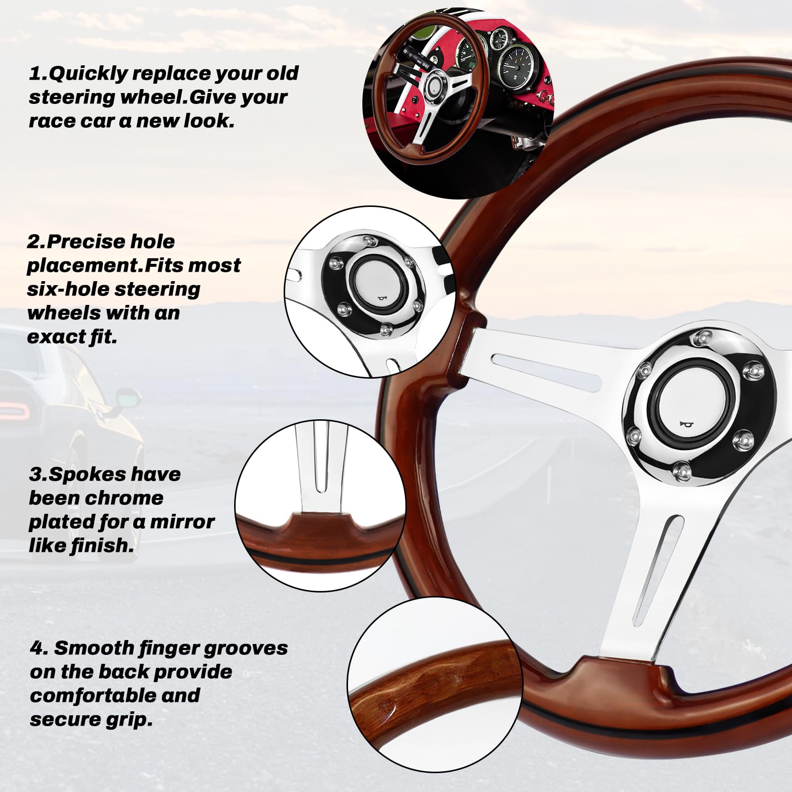 Universal Racing/Golf Cart - Volante de madera, 13,8 pulgadas, 6 pernos, grano de madera, estilo clásico vintage nostálgico con botón de claxon