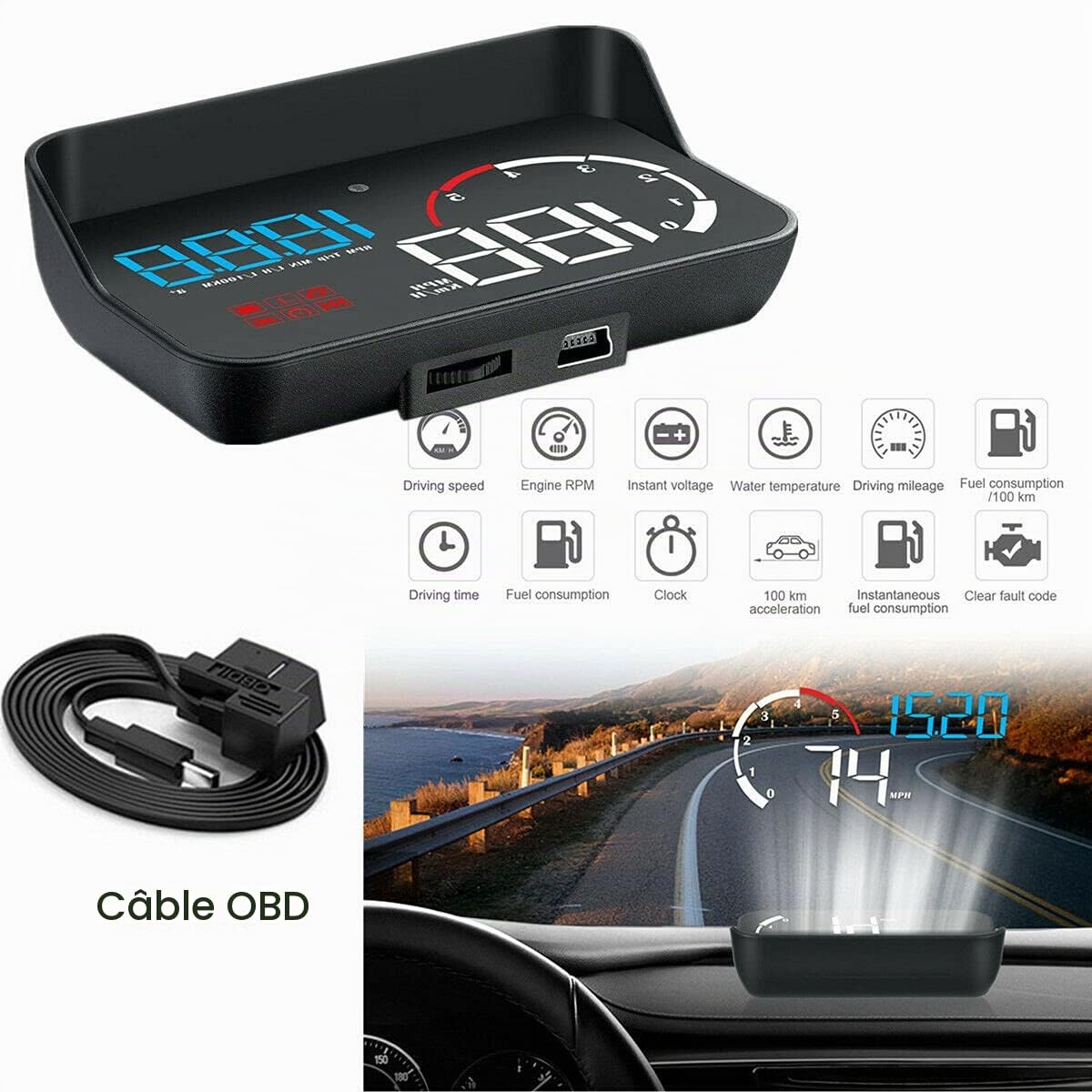 Affichage HUD de voiture, compteur de vitesse numérique de projecteur d'affichage tête haute de voiture avec écran d'affichage HD de 5,5 pouces