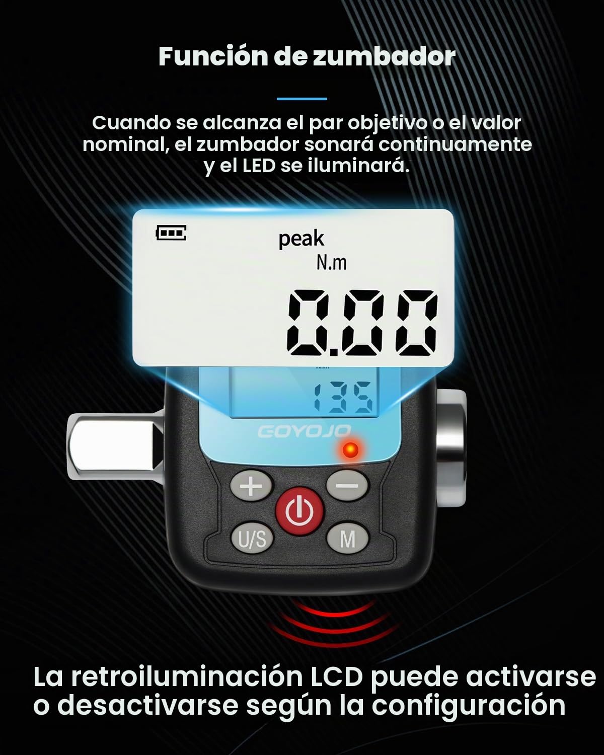 GOYOJO Llave Dinamometrica Digital, 1/2 1/4 3/8 Adaptadores de Alta Precisión 4 Unidades de Torsión Pantalla Retroiluminada Perfecto Para Automóviles Bicicletas Motocicletas y Reparaciones Del Hoga