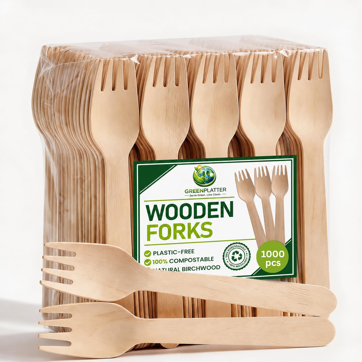 greenplatter Wooden Forks - Disposable Biodegradable Birch Wood Utensils for Parties, Picnics, Weddings, BBQs, and Events (1000)