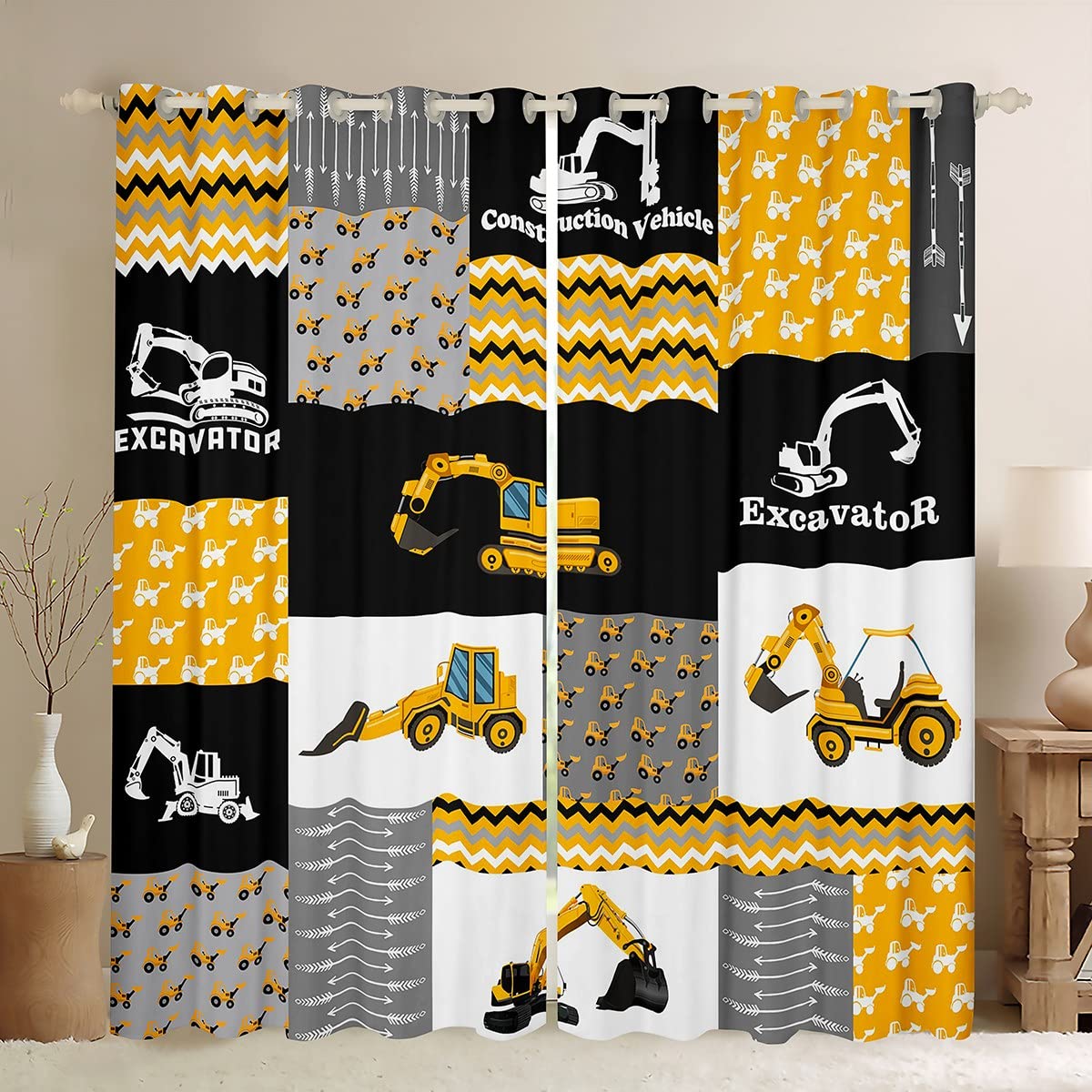 Feelyou Excavator 30%-50% Blackout Curtain Boys Construction Vehicles Curtains Bedroom Living Room Equipment Trucks Darkening Drapes Cartoon Car Window Treatments, 2 Panels 42 x 63 Inch