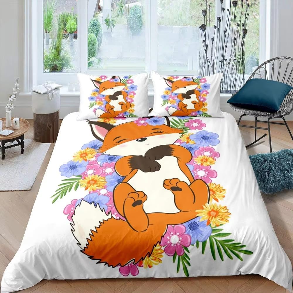 NDXRWDZR King Size Duvet Set Cute Fox Duvet Cover with Zipper Closure Bedding Set for Aldults Kids Soft Hypoallergenic Microfiber Quilt Cover 230x220 cm + 2 Pillowcases 50x75 cm