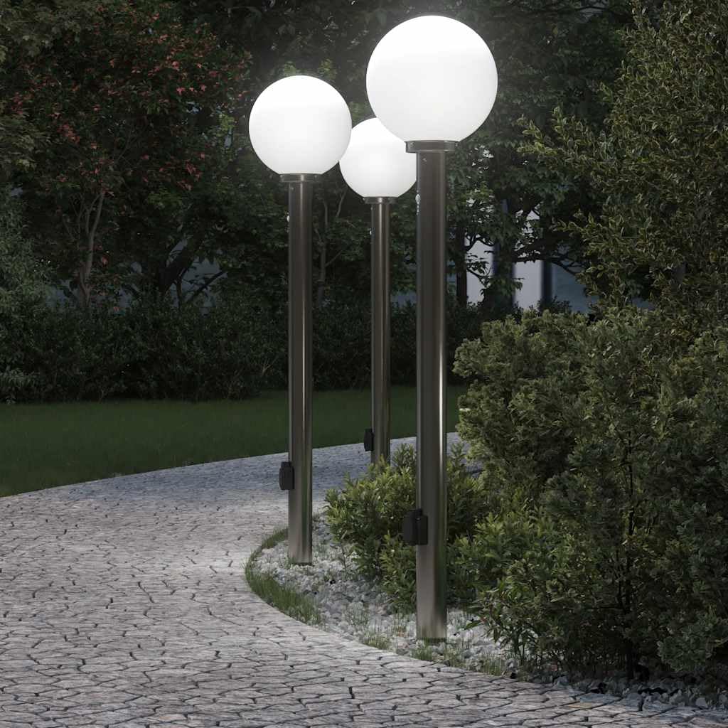 Lampadari a colonna in acciaio inox, 120 cm, con sensore di movimento PIR e presa integrata, set da 3 pezzi, IP44, resistenti alle intemperie, per giardino, terrazza e illuminazione esterna