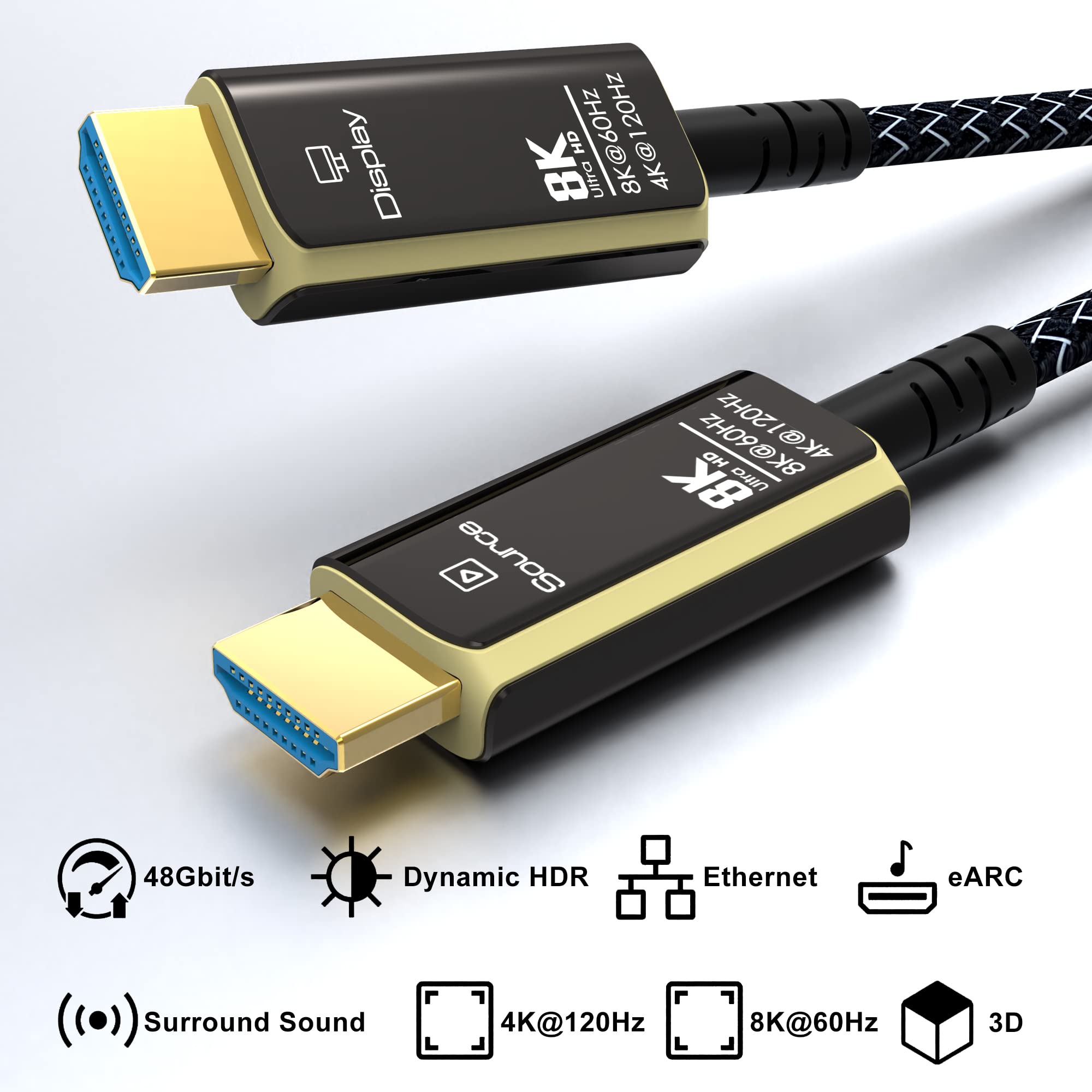 PremiumCord Cable de Fibra Óptica Activa 8K Ultra Alta Velocidad HDMI 2.1, 48 Gbit/s, HDMI 2.1, 3D, EDID, ARC, HDR, Resolución 8K@60Hz 4320P, 4K@120Hz, Chapado en Oro, Longitud 50 m