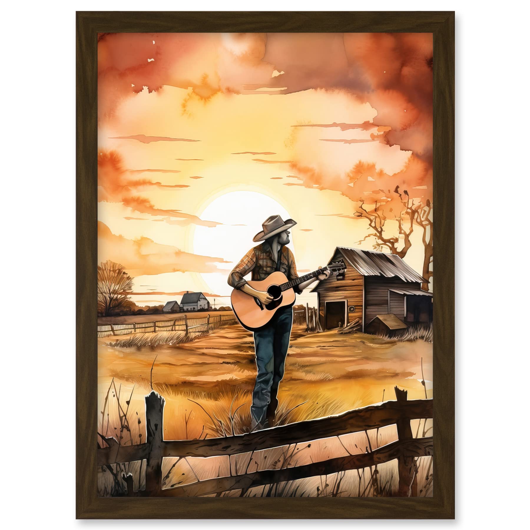 Artery8 Man Playing Country Music Guitar in Countryside Farm on Sunset Modern Watercolour Painting Artwork Framed A3 Wall Art Print