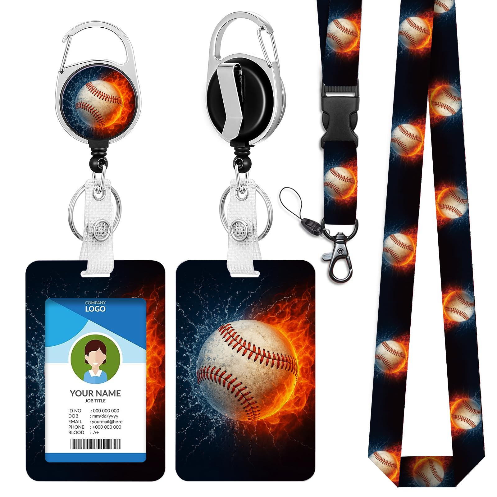 bolimoss Baseball ID Card Holder with Neck Breakaway Lanyard, ID Card Protector Case with Retractable Reel Clip for Keys, Plastic Badge Holder, Retractable Badge Reel Carabiner for Office Teacher