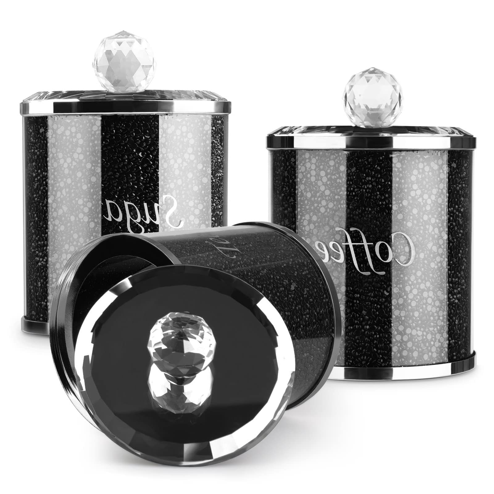 Tea Coffee Sugar Canisters Sugar Canisters Glass Crushed Diamond Reusable Crystal Filled Tea Coffee Set with Lid for Kitchen Home Present(Black)
