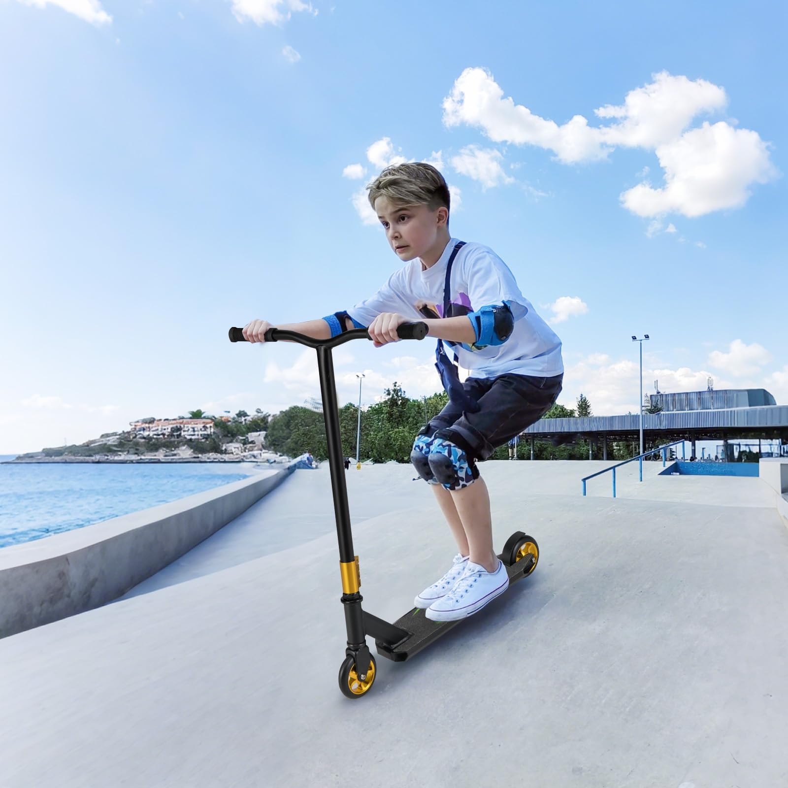 COSTWAY Trottinette Freestyle avec Roulements ABEC-7 & Roues en PU 110mm, Trottinette Pro Enfant avec Pont Élargi & Guidon à 360°, Frein Métallique, Charge 100kg pour Adolescents de 10 Ans+