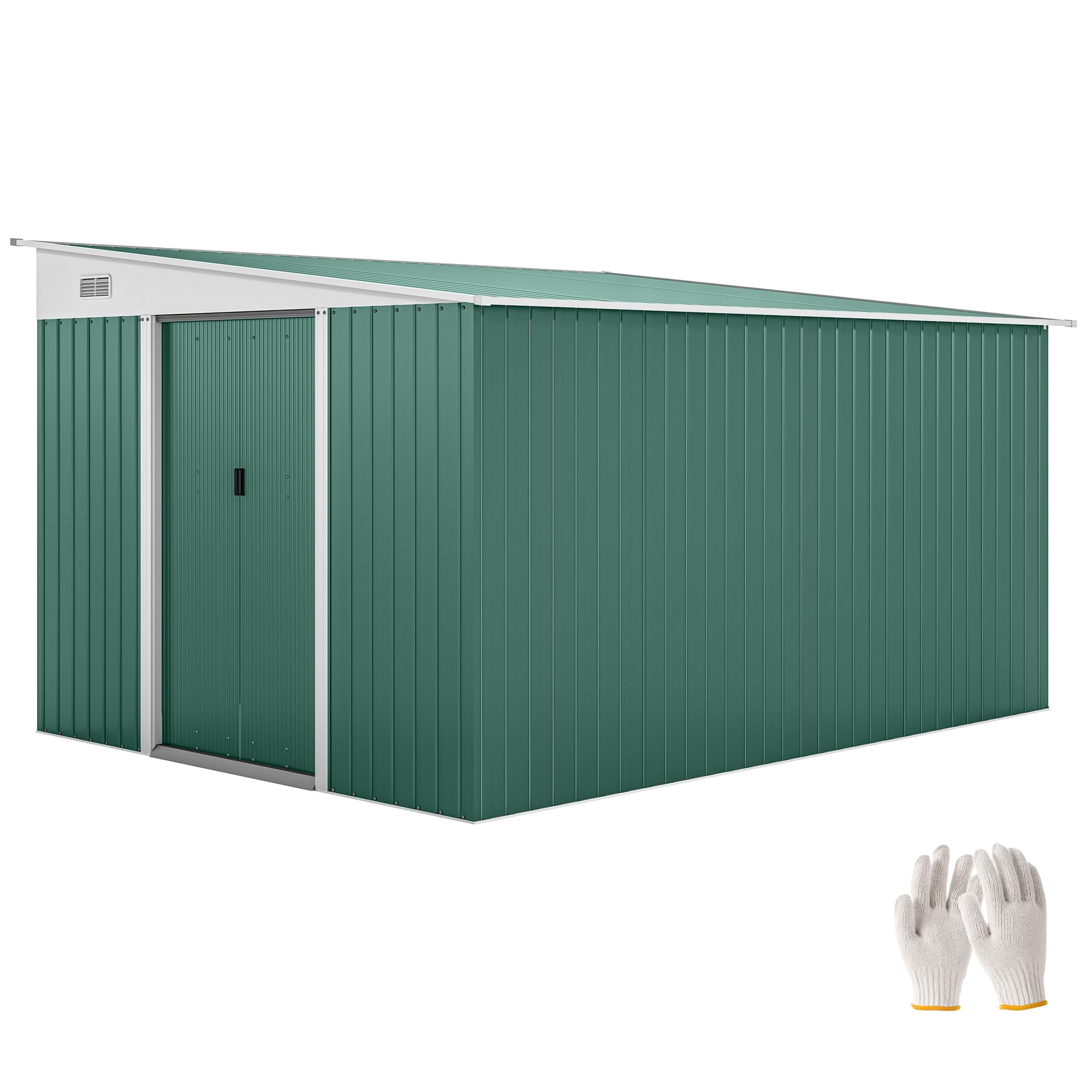 Outsunny 11.3 x 9.2ft Lean to Metal Garden Shed, Outdoor Galvanised Tool Storage House with Double Sliding Doors and 2 Air Vents, Green