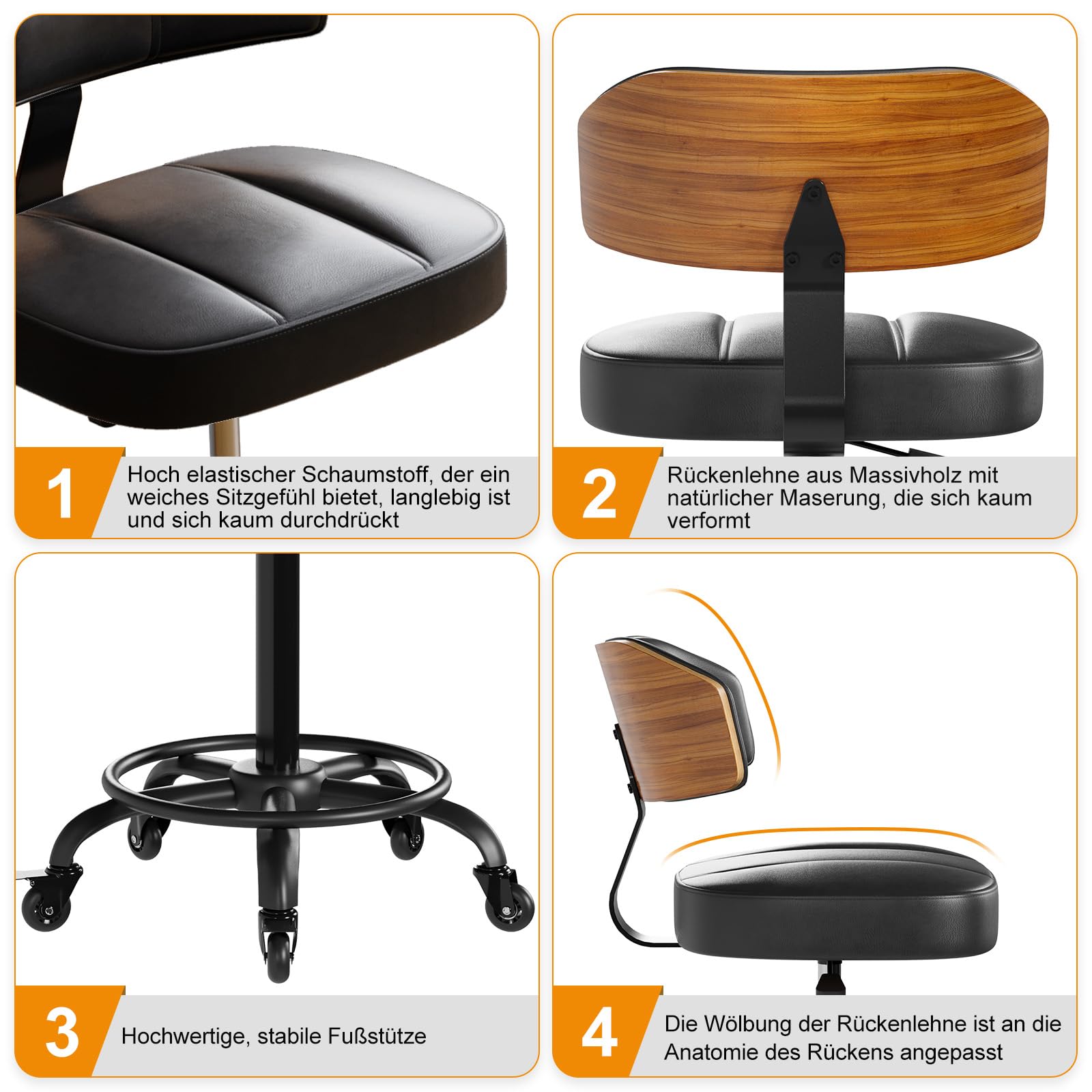 Rollhocker HöHenverstellbar, Bürohocker Ergonomisch,Arbeitshocker, Drehhocker 360°,Mit Rückenlehne Pu-Sitzpolsterung Für Spa Zeichnung Salon Arbeit Büro Bar Studio Labor Black