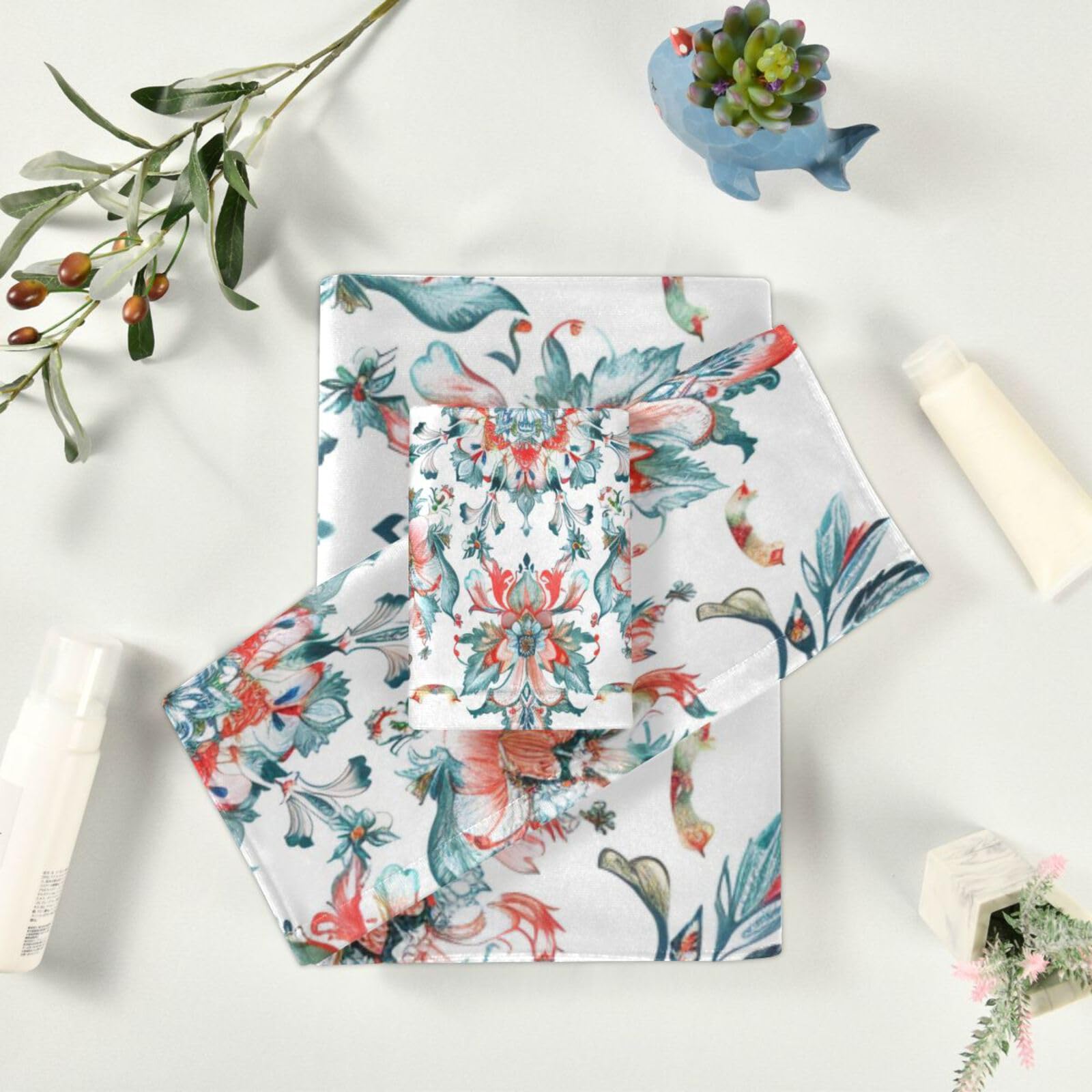 Styl boho kwiat kwiatowy prosty pomarańczowy czyszczenie ręczniki do twarzy zestaw 3 sztuk, 1 ręcznik kąpielowy 1 ręcznik do rąk 1 myjka do domu kuchni hotelu siłowni pływania spa