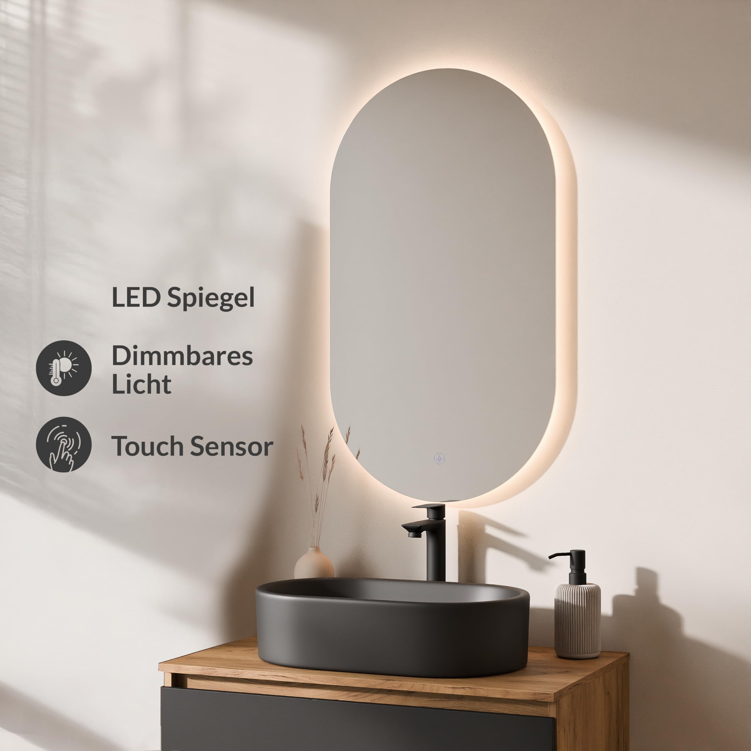 Planetmöbel Arisa Badmöbel Set Waschtisch mit Unterschrank 80 cm Gold Eiche schwarz mit LED Spiegel, Waschbecken 55 cm schwarz, inkl. Raumsparsiphon