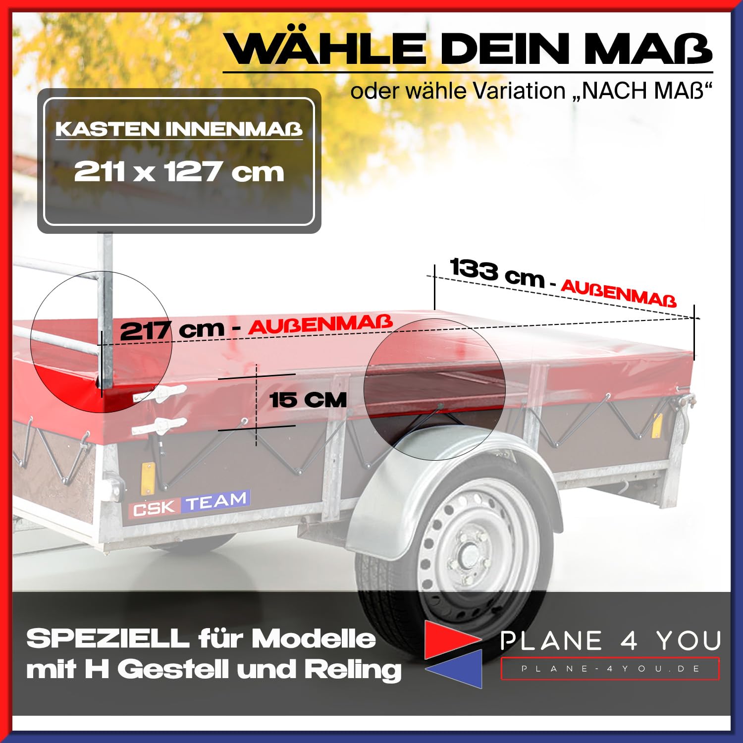 Hochwertige Anhängerplane 217 x 133 x 15 cm für Saris Anhänger mit Reling für H Gestell - wasserdichte PVC Abdeckplane I Plane nach Maß - Anthrazit